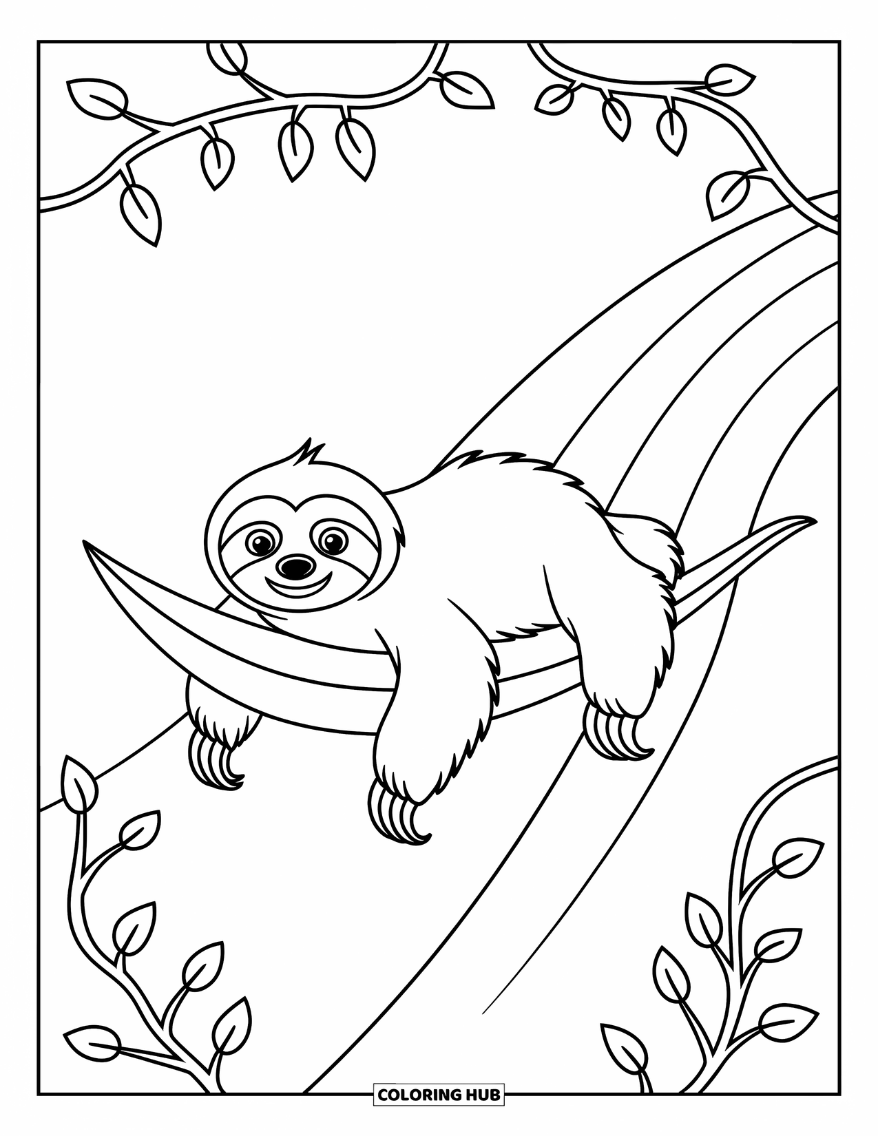 Disegno di un bradipo da colorare per bambini: Un bradipo scivola giù per una collina su una grande foglia circondata da viti e foglie vorticose