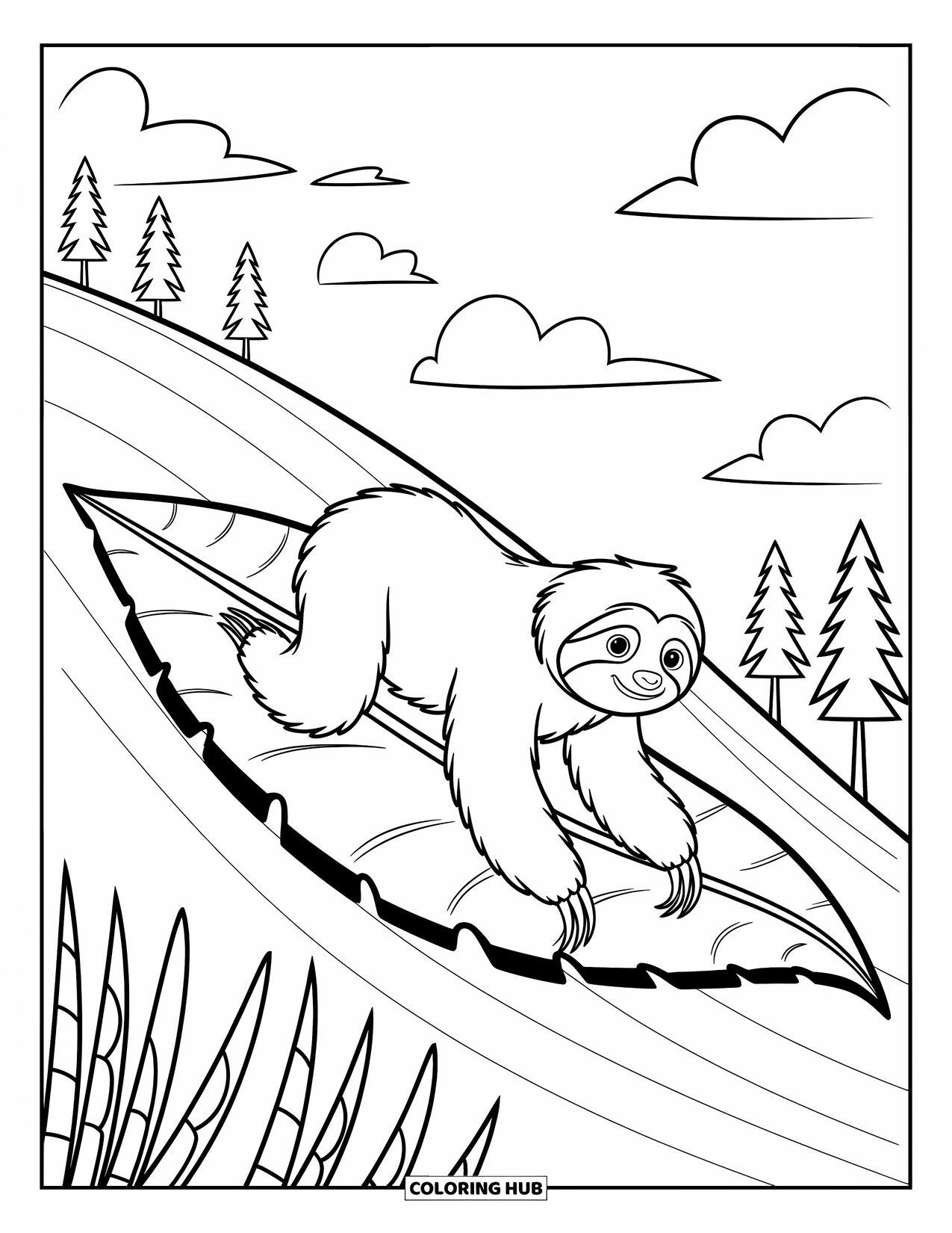 Disegno di un bradipo da colorare per bambini: Un bradipo scivola su una grande foglia con alberi e nuvole che aggiungono movimento alla scena