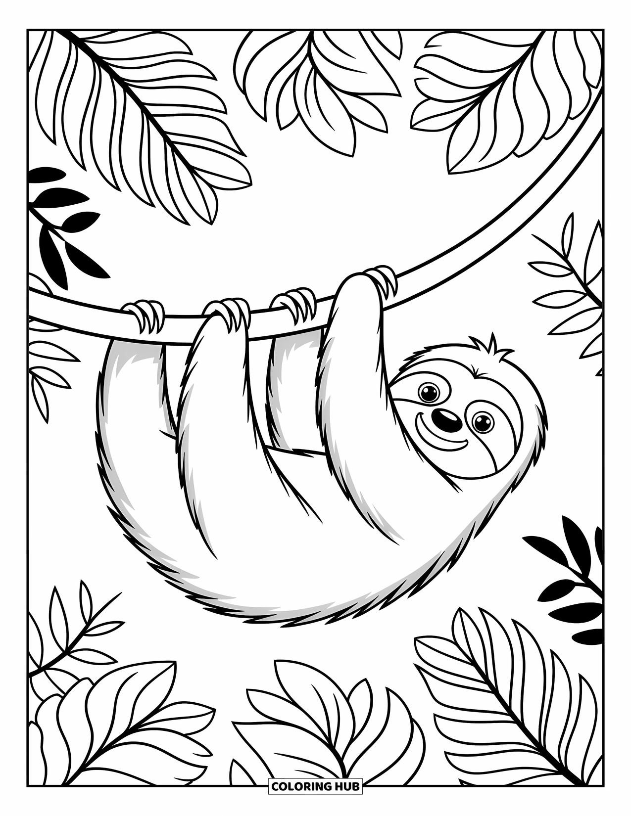 Disegno di un bradipo da colorare per bambini: Un bradipo è appeso a una vite tortuosa circondato da lussureggianti foglie tropicali