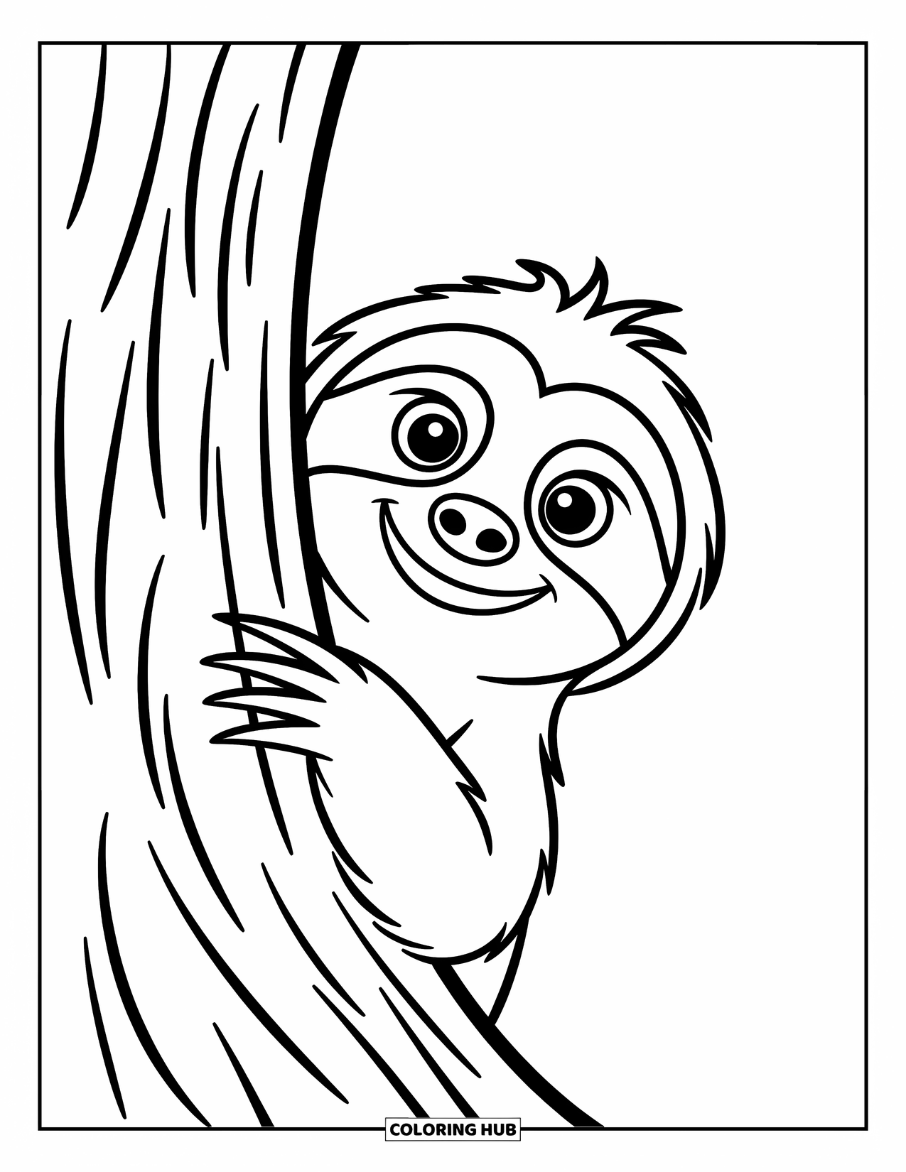 Disegno di un bradipo da colorare per bambini: Un bradipo si nasconde dietro il tronco di un albero con occhi spalancati e curiosi