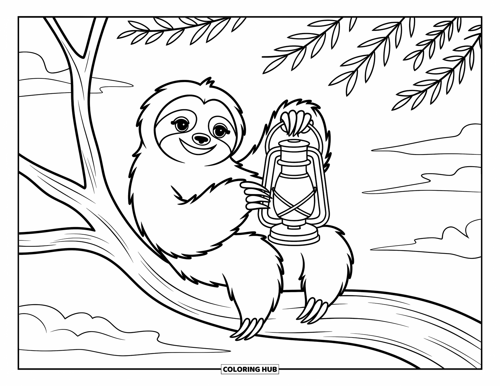 Disegno di un bradipo da colorare per bambini: Un bradipo tiene una lanterna mentre è appollaiato su un ramo con foglie ondeggianti