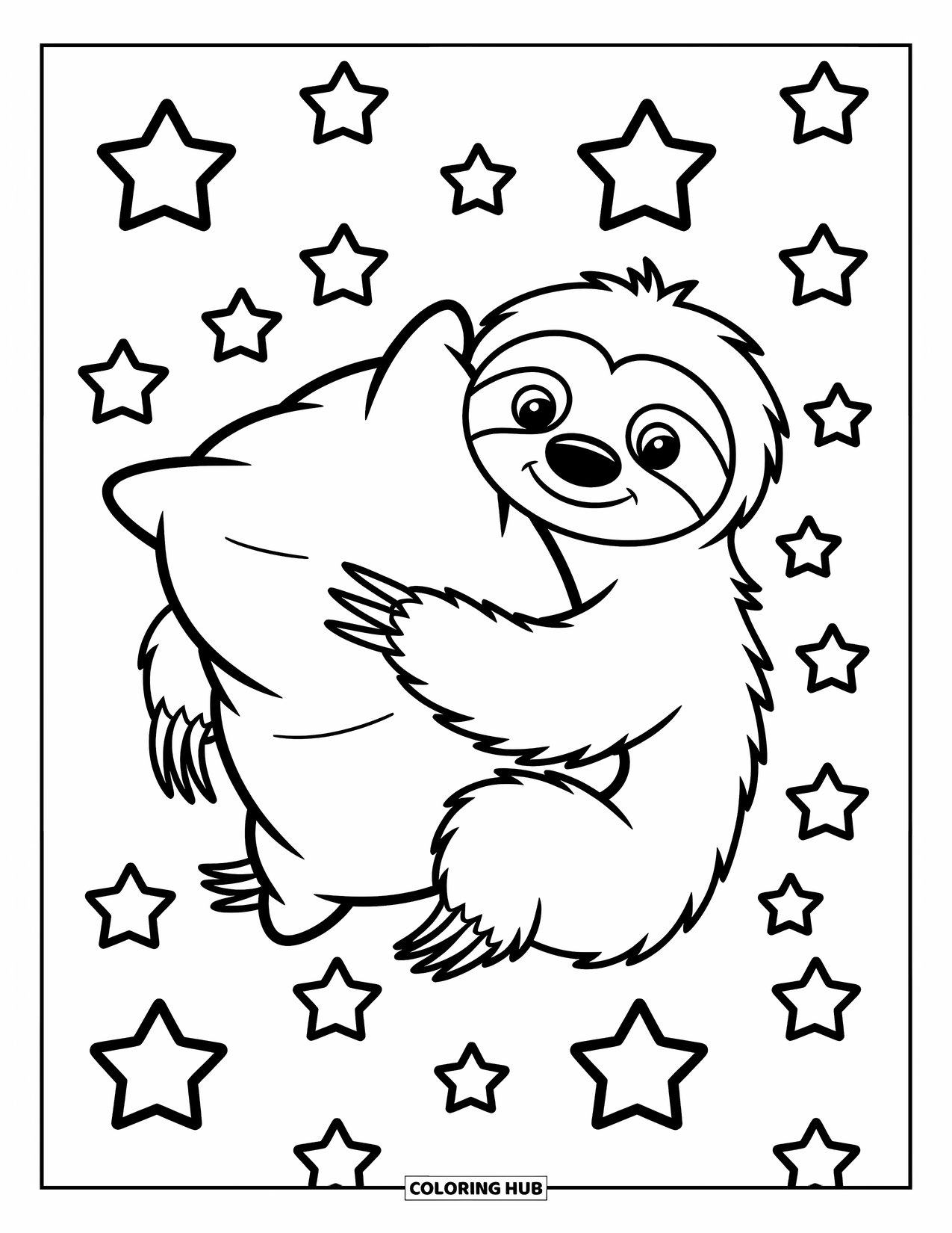 Disegno di un bradipo da colorare per bambini: Un bradipo abbraccia un grande cuscino con forme di stelle sparse intorno