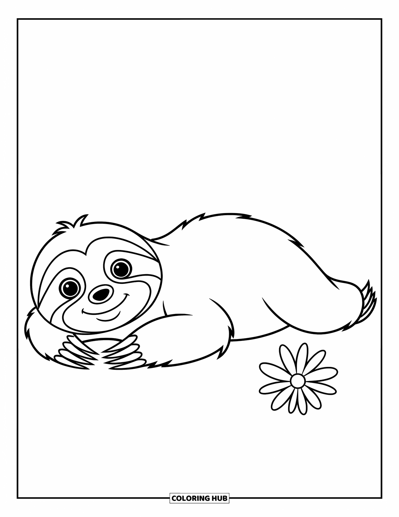 Disegno di un bradipo da colorare per bambini: Un bradipo giace su un fianco con un piccolo fiore nelle vicinanze