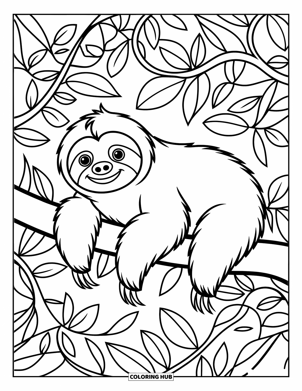 Disegno di un bradipo da colorare per bambini: Un bradipo è sdraiato su un ramo con foglie giocose e vorticose che danzano intorno