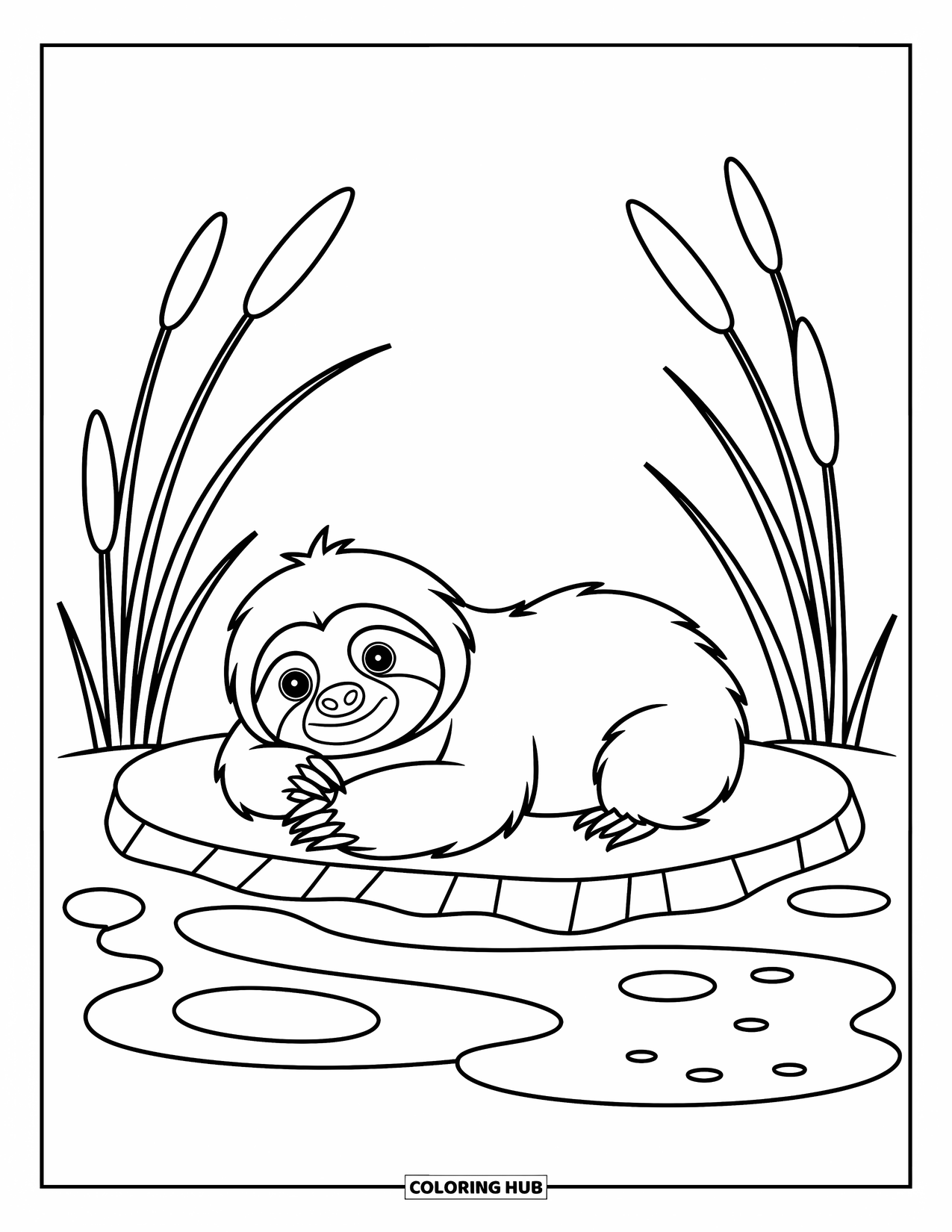 Disegno di un bradipo da colorare per bambini: Un bradipo è sdraiato su una roccia piatta vicino a uno stagno con delicate canne intorno