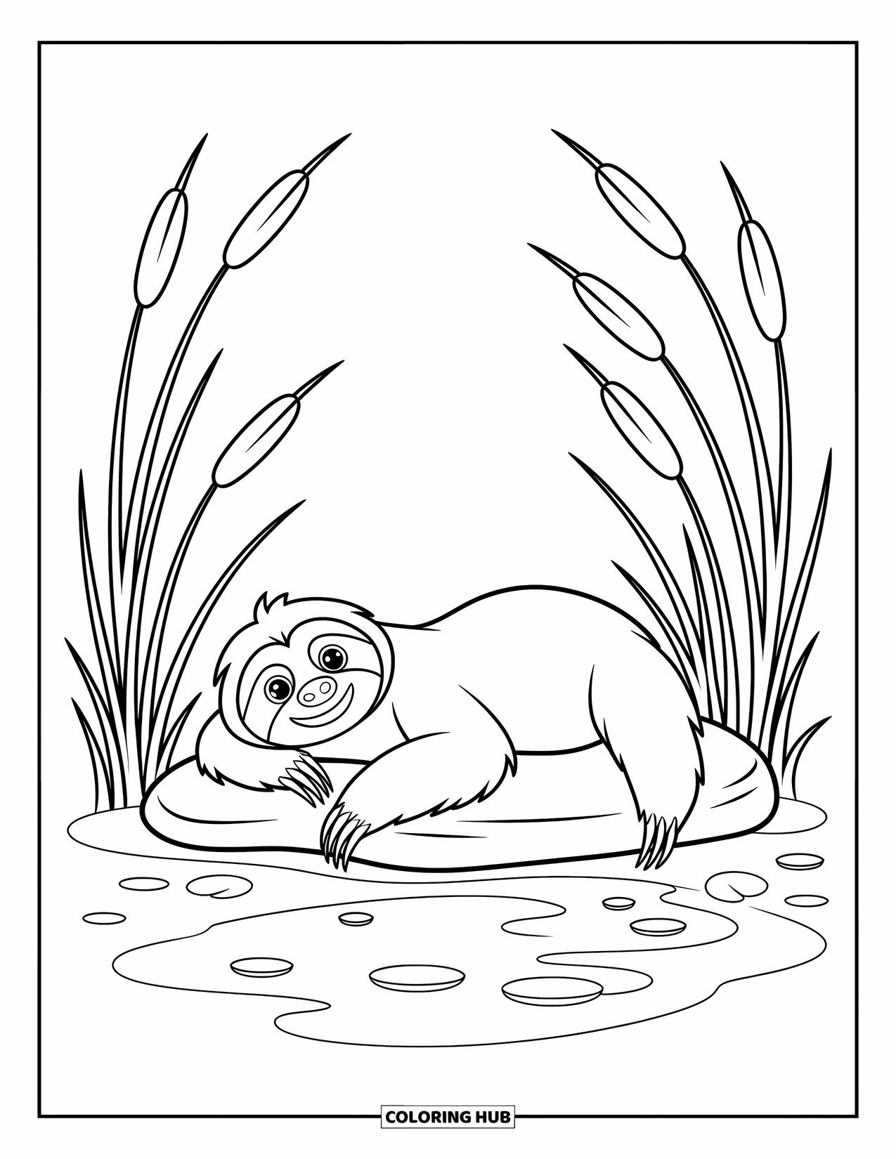 Disegno di un bradipo da colorare per bambini: Un bradipo si rilassa su una roccia liscia vicino a uno stagno con canne ondeggianti intorno