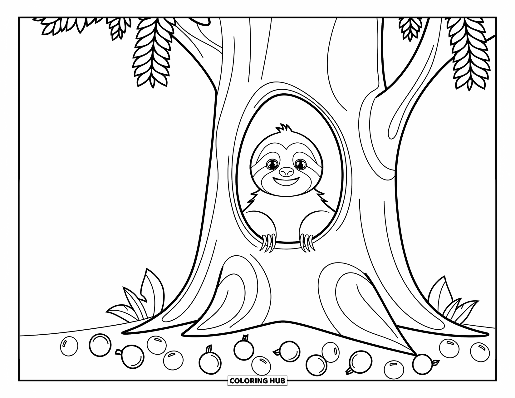 Disegno di un bradipo da colorare per bambini: Un bradipo sbircia da un tronco d'albero cavo con frutti sparsi e semplici motivi frondosi