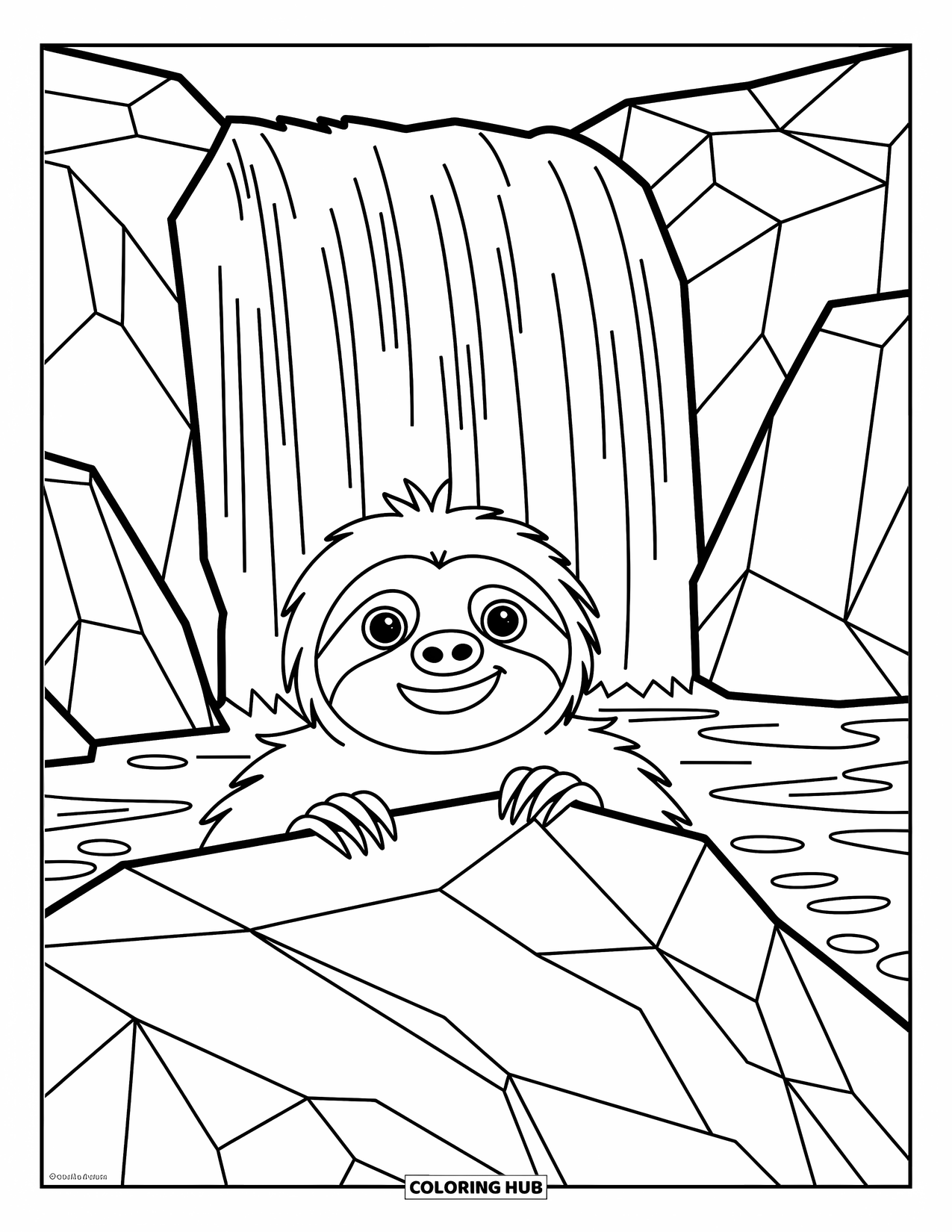 Disegno di un bradipo da colorare per bambini: Un bradipo sbircia sopra affioramenti rocciosi con una cascata spettacolare dietro