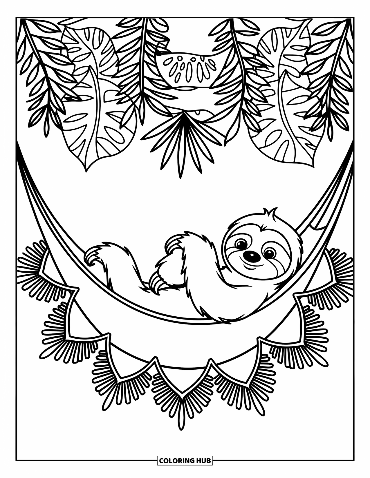 Disegno di un bradipo da colorare per bambini: Un bradipo si rilassa in un'amaca con ghirlande stravaganti e motivi floreali vorticosi