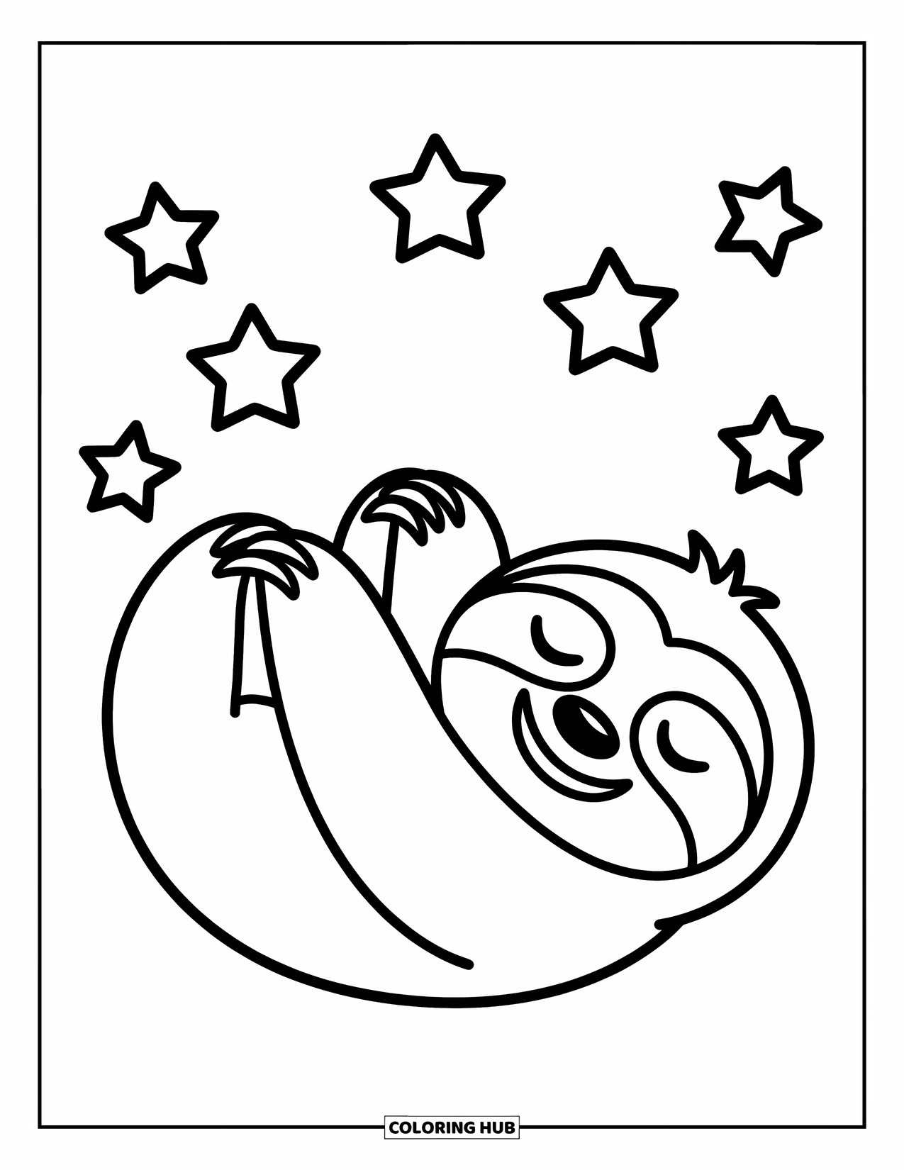 Disegno di un bradipo da colorare per bambini: Un bradipo si rilassa sulla schiena con gli occhi chiusi e le stelle sopra la testa