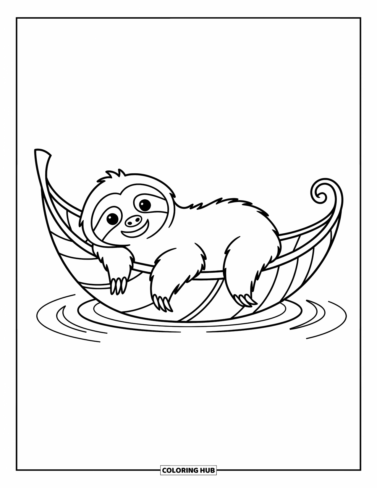 Disegno di un bradipo da colorare per bambini: Un bradipo riposa su una grande barca di foglie che galleggia dolcemente su acque calme con increspature intorno