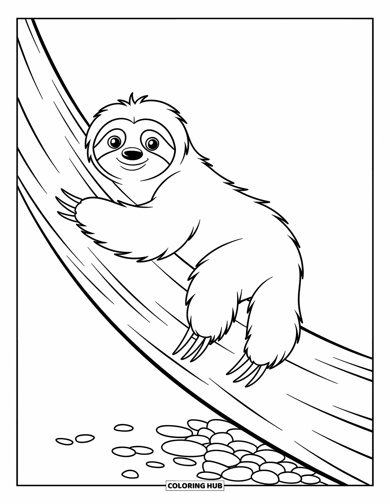 Disegno di un bradipo da colorare per bambini: Un bradipo scivola lungo un tronco d'albero liscio con ciottoli sparsi intorno ai suoi piedi