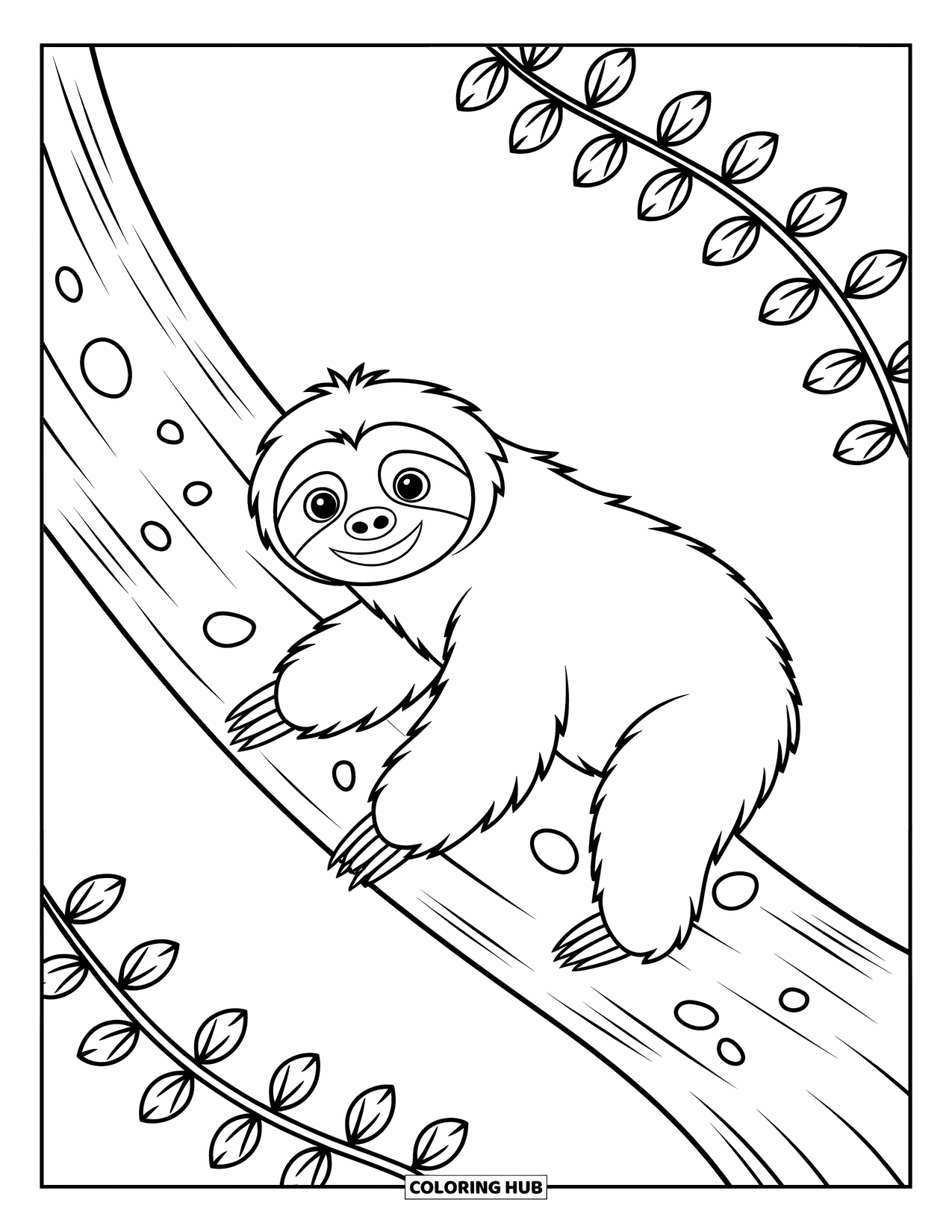 Disegno di un bradipo da colorare per bambini: Un bradipo scivola dolcemente lungo il tronco di un albero con corteccia modellata e ciottoli sparsi