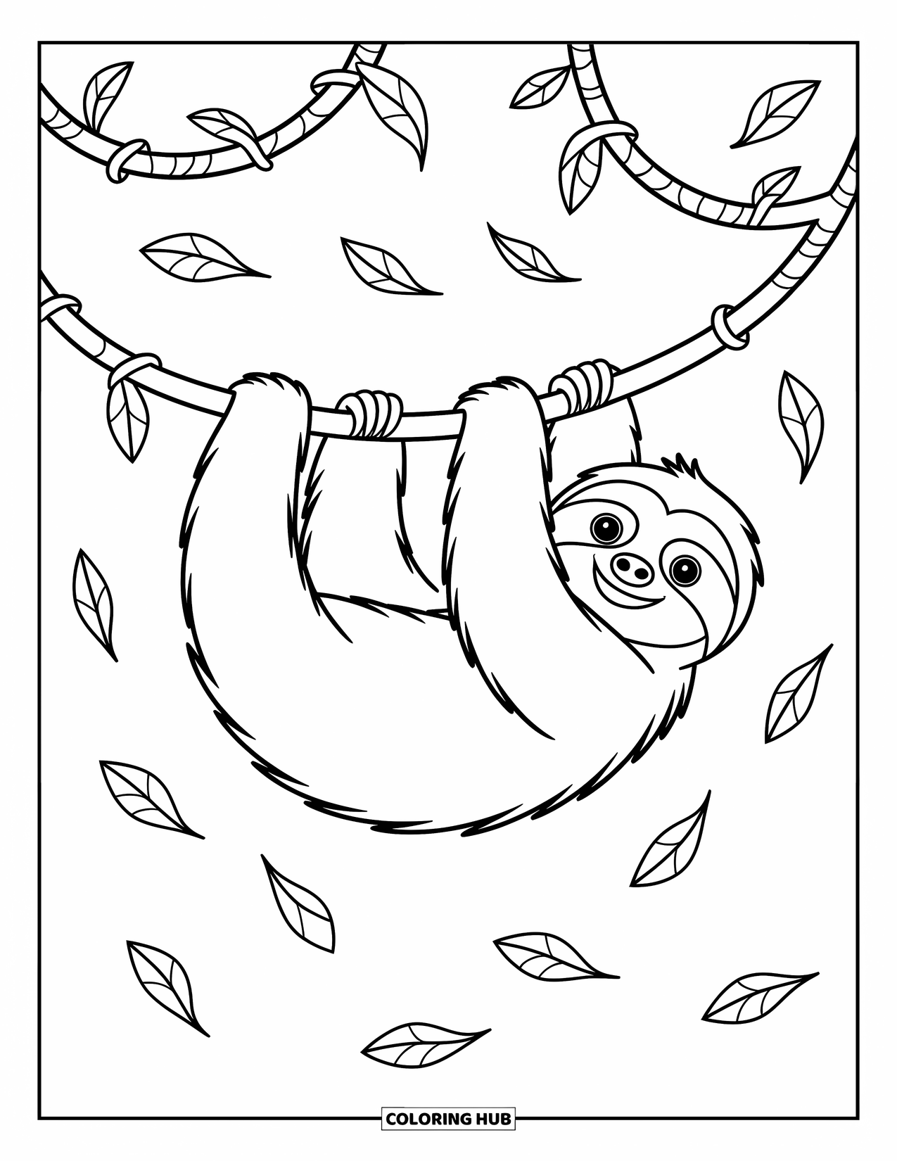 Disegno di un bradipo da colorare per bambini: Un bradipo si dondola a mezz'aria da due viti con foglie fluttuanti sotto