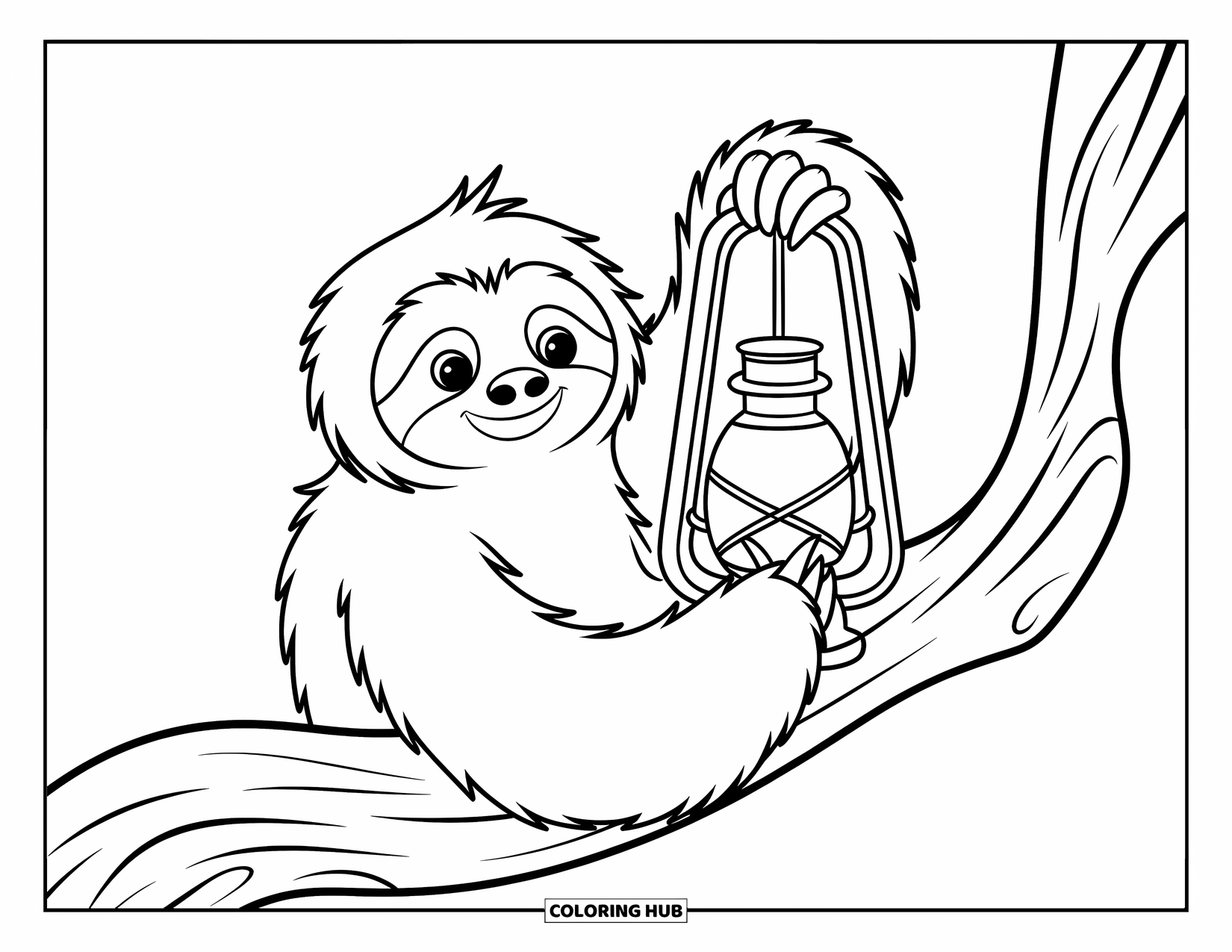 Disegno di un bradipo da colorare per bambini: Un bradipo con lineamenti delicati tiene una lanterna su un ramo curvo