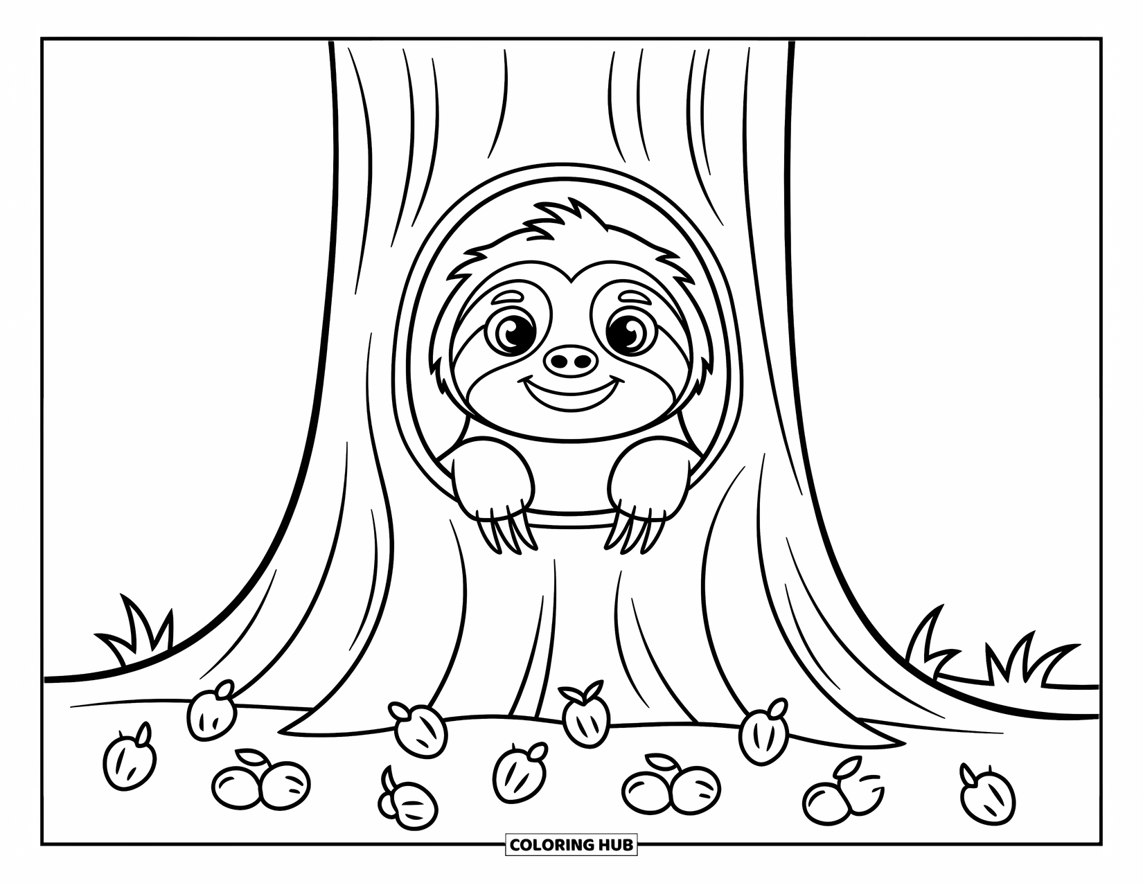 Disegno di un bradipo da colorare per bambini: Un bradipo con gli occhi spalancati sbircia fuori dal tronco di un albero circondato da giocosi frutti della giungla