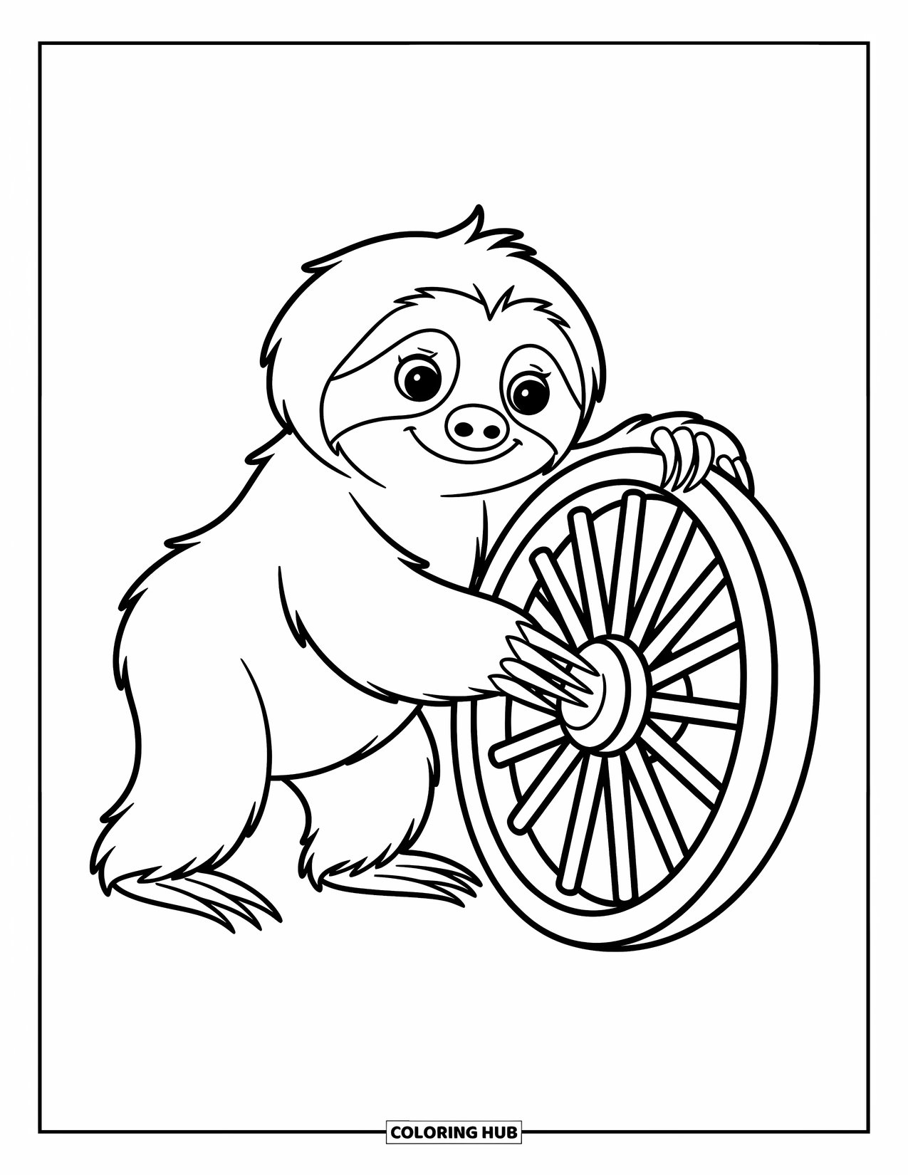 Disegno di un bradipo da colorare per bambini: Un bradipo con gli occhi spalancati spinge una ruota di legno ricoperta di disegni intricati