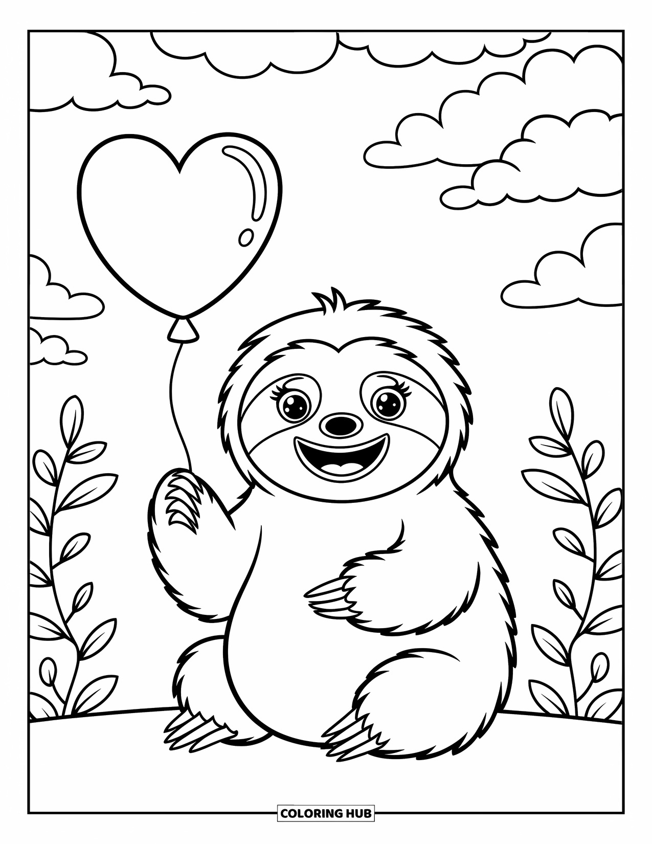 Disegno di un bradipo da colorare per bambini: Un bradipo sorridente tiene un palloncino a forma di cuore circondato da nuvole e foglie