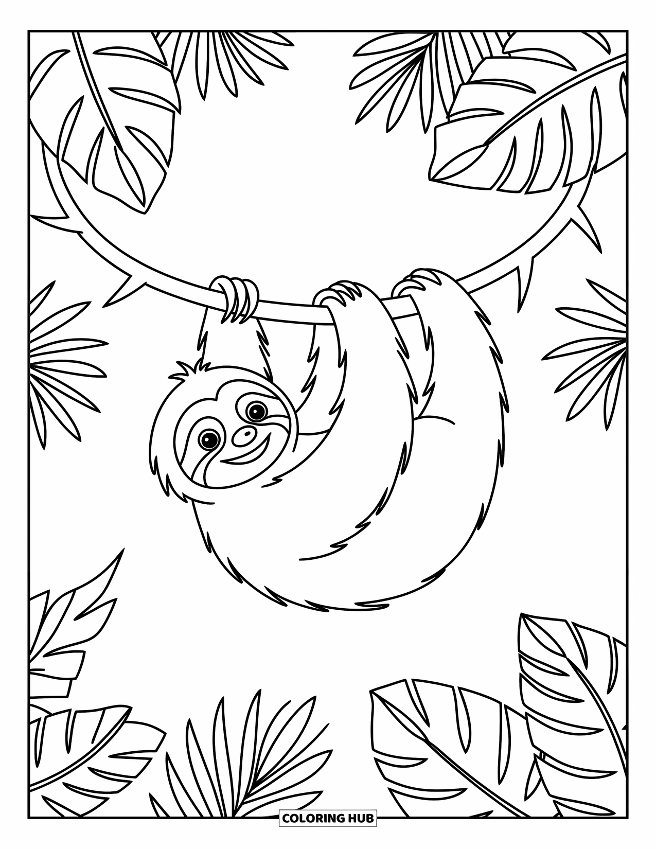 Disegno di un bradipo da colorare per bambini: Un bradipo sorridente si dondola su una vite con foglie tropicali che aggiungono fascino alla scena