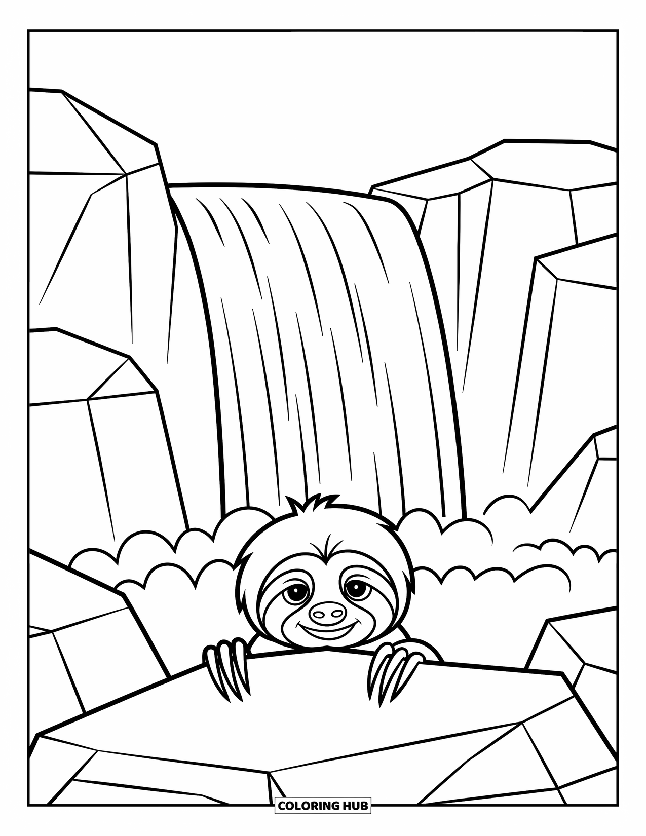 Disegno di un bradipo da colorare per bambini: Un bradipo con gli occhi spalancati scruta sopra le rocce con l'acqua che scorre in lontananza