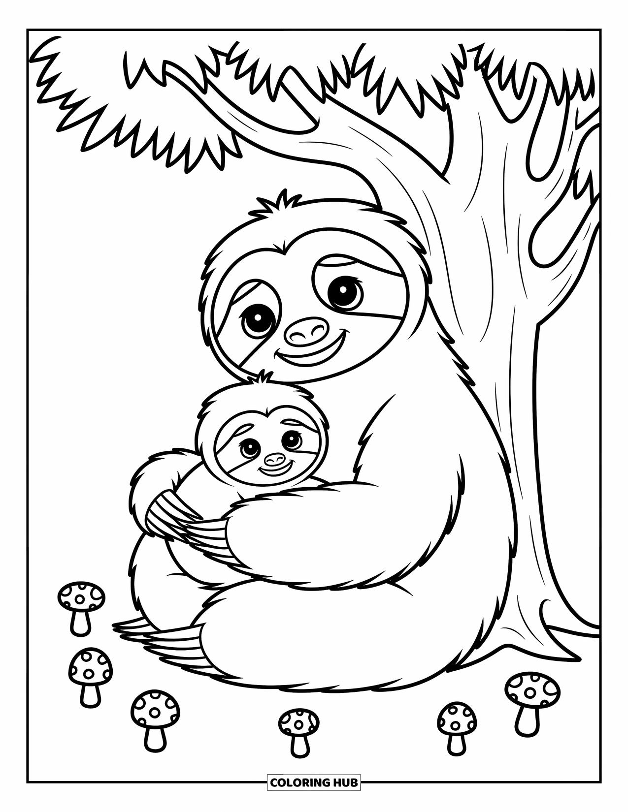 Disegno di un bradipo da colorare per bambini: Un bradipo adulto culla un cucciolo di bradipo sotto un albero con funghi sparsi