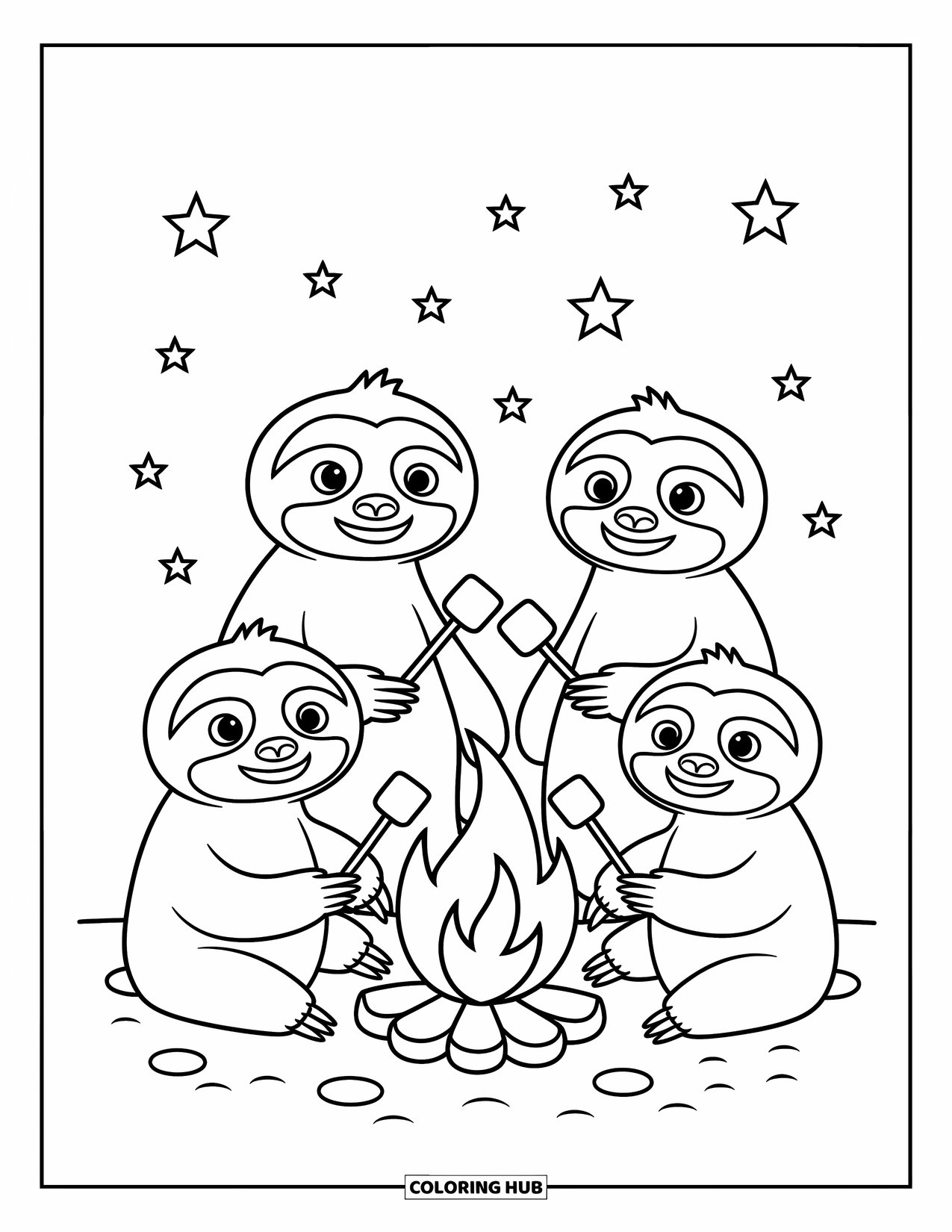 Disegno di un bradipo da colorare per bambini: I bradipi si riuniscono attorno a un falò tenendo marshmallow, con stelle che brillano sopra