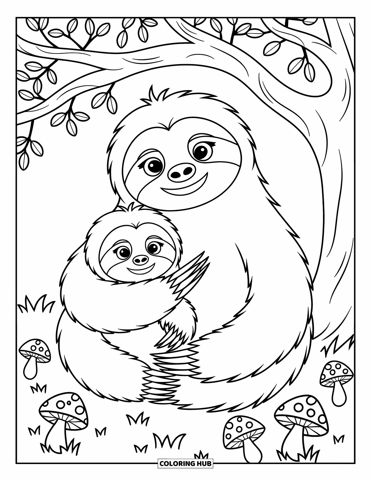 Disegno di un bradipo da colorare per bambini: Due bradipi coccolosi siedono sotto un albero con funghi giocosi intorno