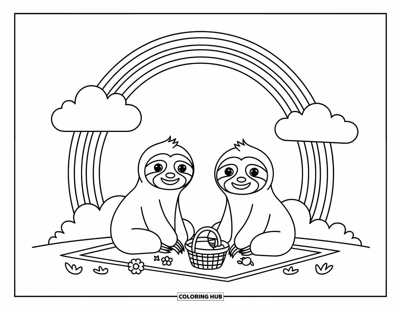 Disegno di un bradipo da colorare per bambini: Due bradipi felici condividono un picnic con panini e frutta