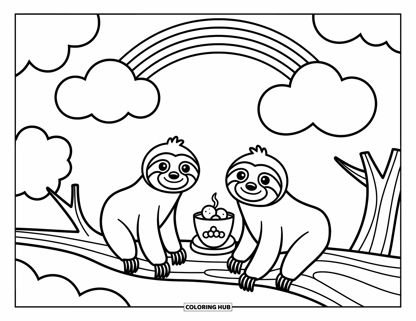 Disegno di un bradipo da colorare per bambini: Due bradipi giocosi fanno un picnic su un ramo di un albero