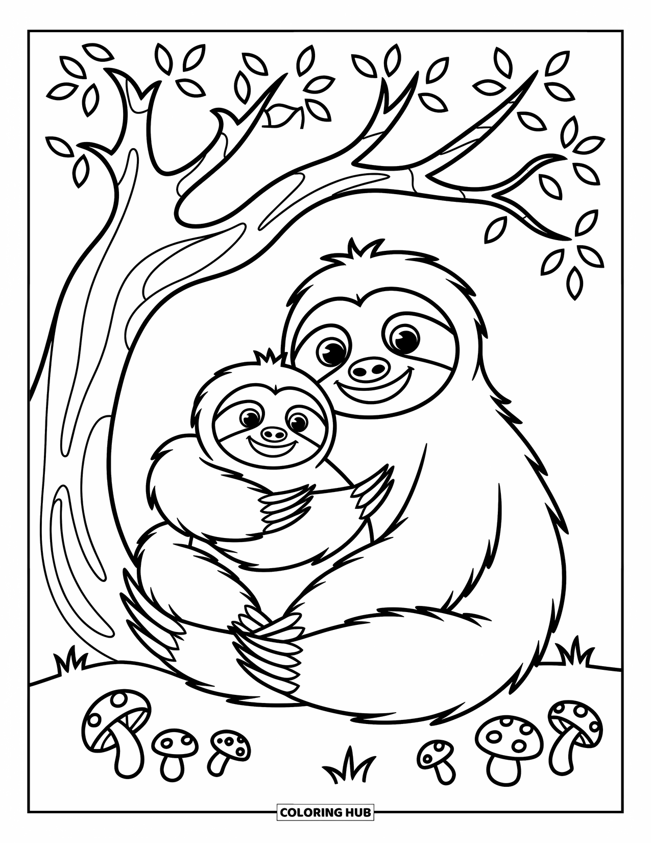 Disegno di un bradipo da colorare per bambini: Due bradipi si abbracciano amorevolmente sotto un albero con stravaganti funghi nelle vicinanze