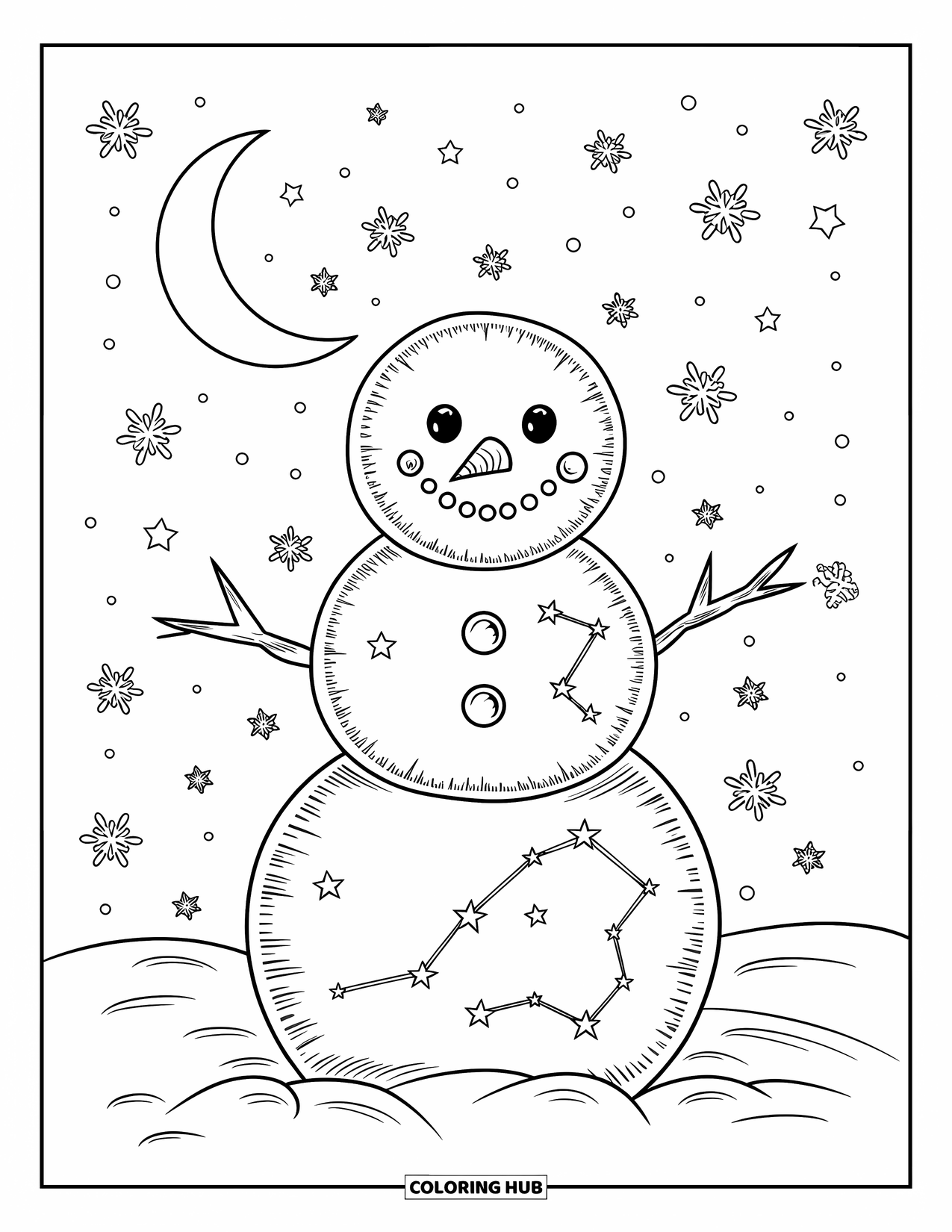 Kolorowanka z bałwanem dla dorosłych: Niebiański bałwan stoi pod rozgwieżdżonym niebem, ozdobiony wirującymi konstelacjami i delikatnymi płatkami śniegu.