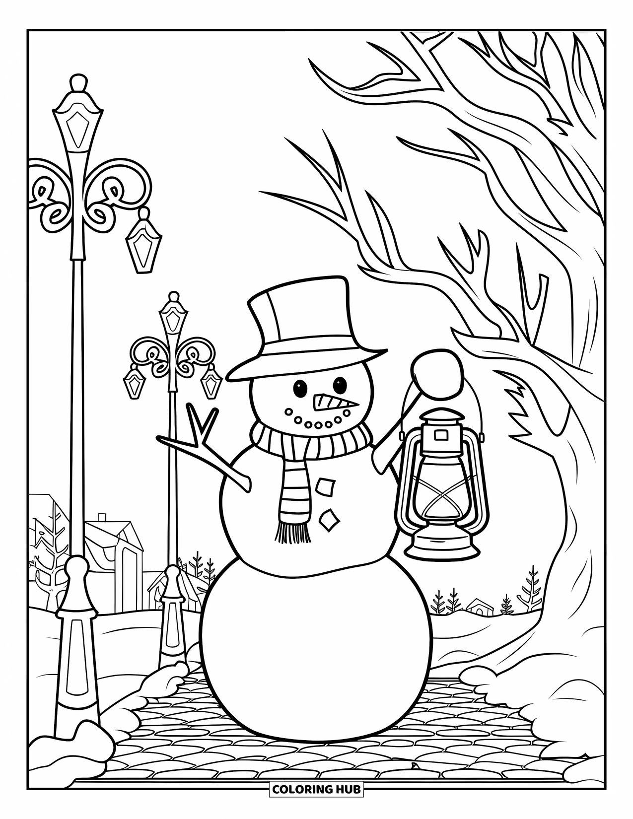 Kolorowanka z bałwanem dla dorosłych: Wesoły bałwan trzyma latarnię na śnieżnej ścieżce, otoczony nagimi drzewami i świecącymi latarniami ulicznymi.