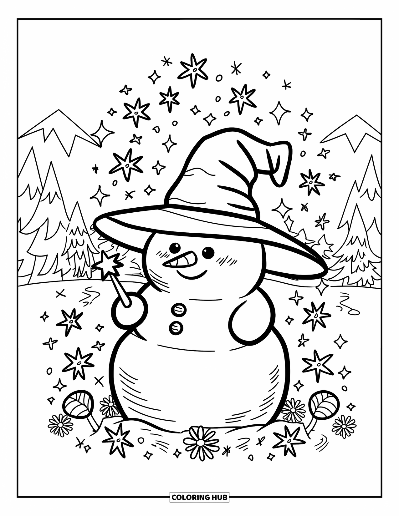 Kolorowanka z bałwanem dla dorosłych: Wesoły bałwan w czarodziejskim kapeluszu macha małą gwiezdną różdżką, z kwiatami i iskierkami wokół