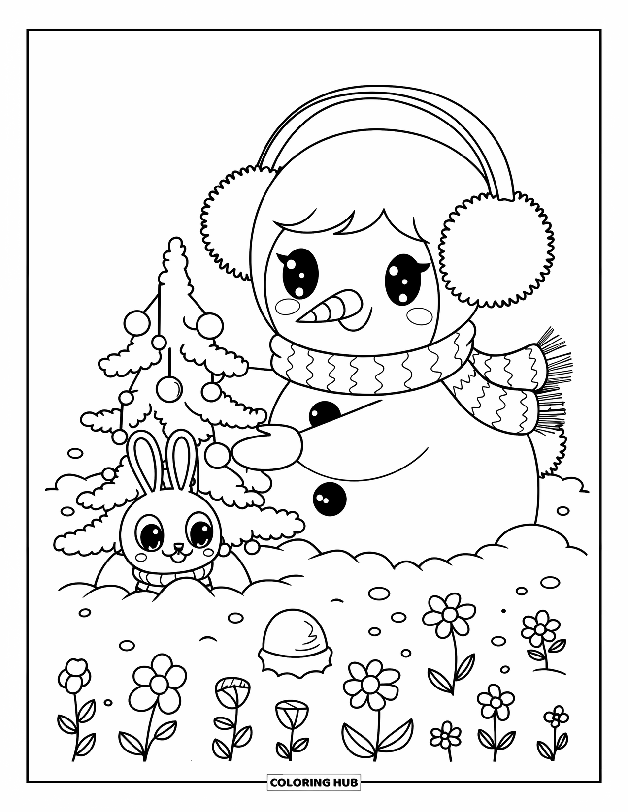 Kolorowanka z bałwanem dla dorosłych: Wesoły bałwan w nausznikach zawiesza ozdoby na małym drzewku, a królik wygląda ze śniegu