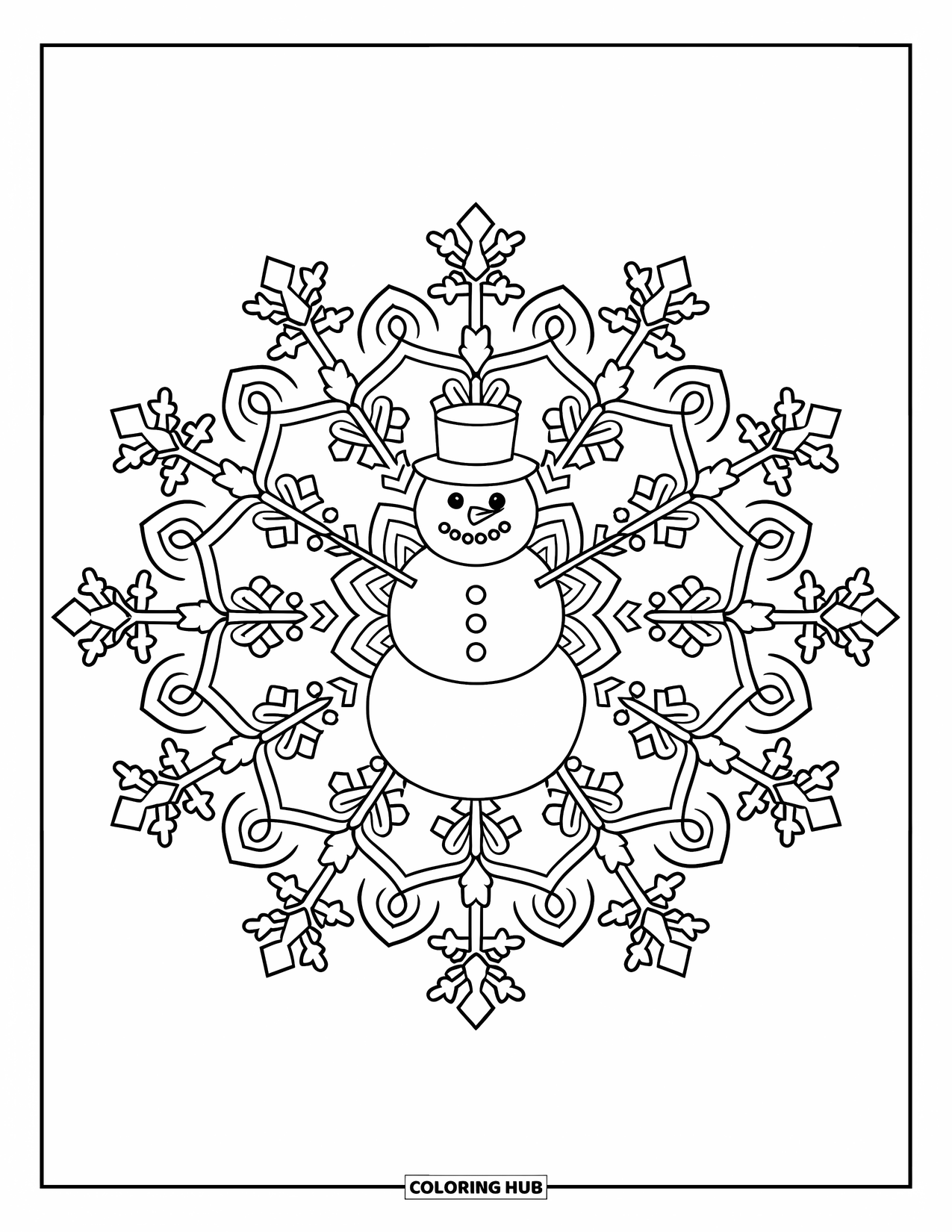 Kolorowanka z bałwanem dla dorosłych: Wesoły bałwan odpoczywa w centrum mandali, wypełnionej skomplikowanymi płatkami śniegu i zimowymi wzorami.