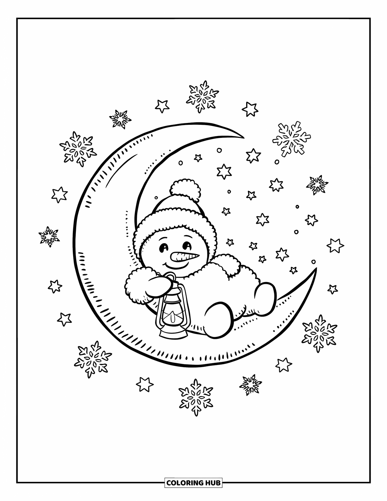 Kolorowanka z bałwanem dla dorosłych: Wesoły bałwan odpoczywa na sierpowatym księżycu, trzymając latarnię, podczas gdy płatki śniegu unoszą się wokół
