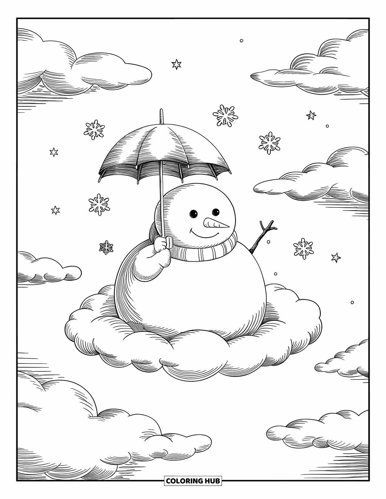 Kolorowanka z bałwanem dla dorosłych: Wesoły bałwan siedzi na puszystej chmurze, trzymając mały parasol, podczas gdy płatki śniegu delikatnie opadają