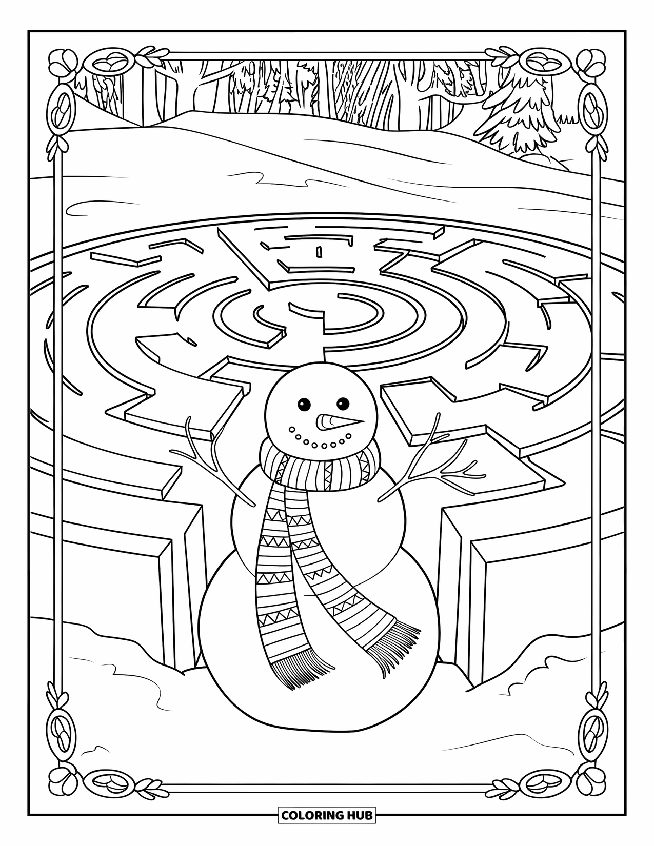 Kolorowanka z bałwanem dla dorosłych: Wesoły bałwan stoi przed śnieżnym labiryntem, z długim szalikiem owiniętym wokół jego okrągłego ciała.