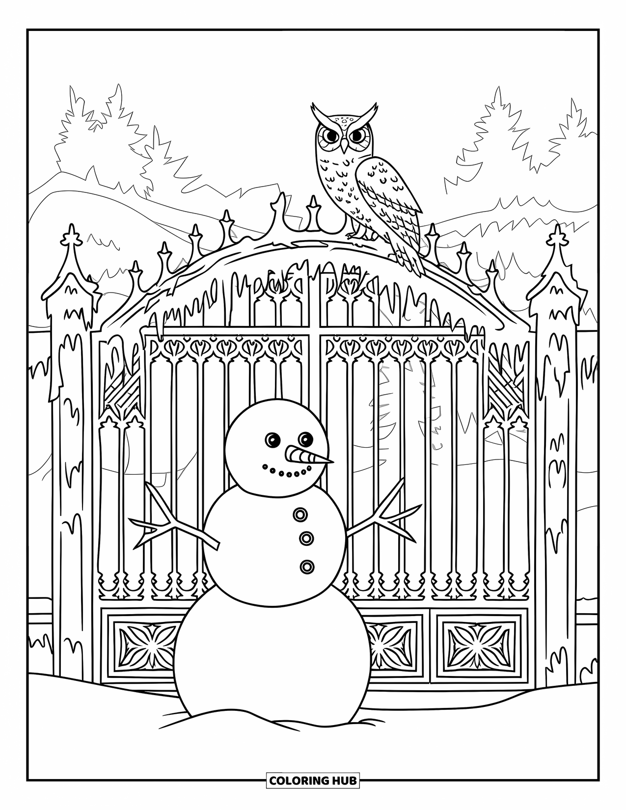 Kolorowanka z bałwanem dla dorosłych: Wesoły bałwan stoi przed ozdobną, pokrytą szronem bramą, podczas gdy sowa obserwuje z góry.