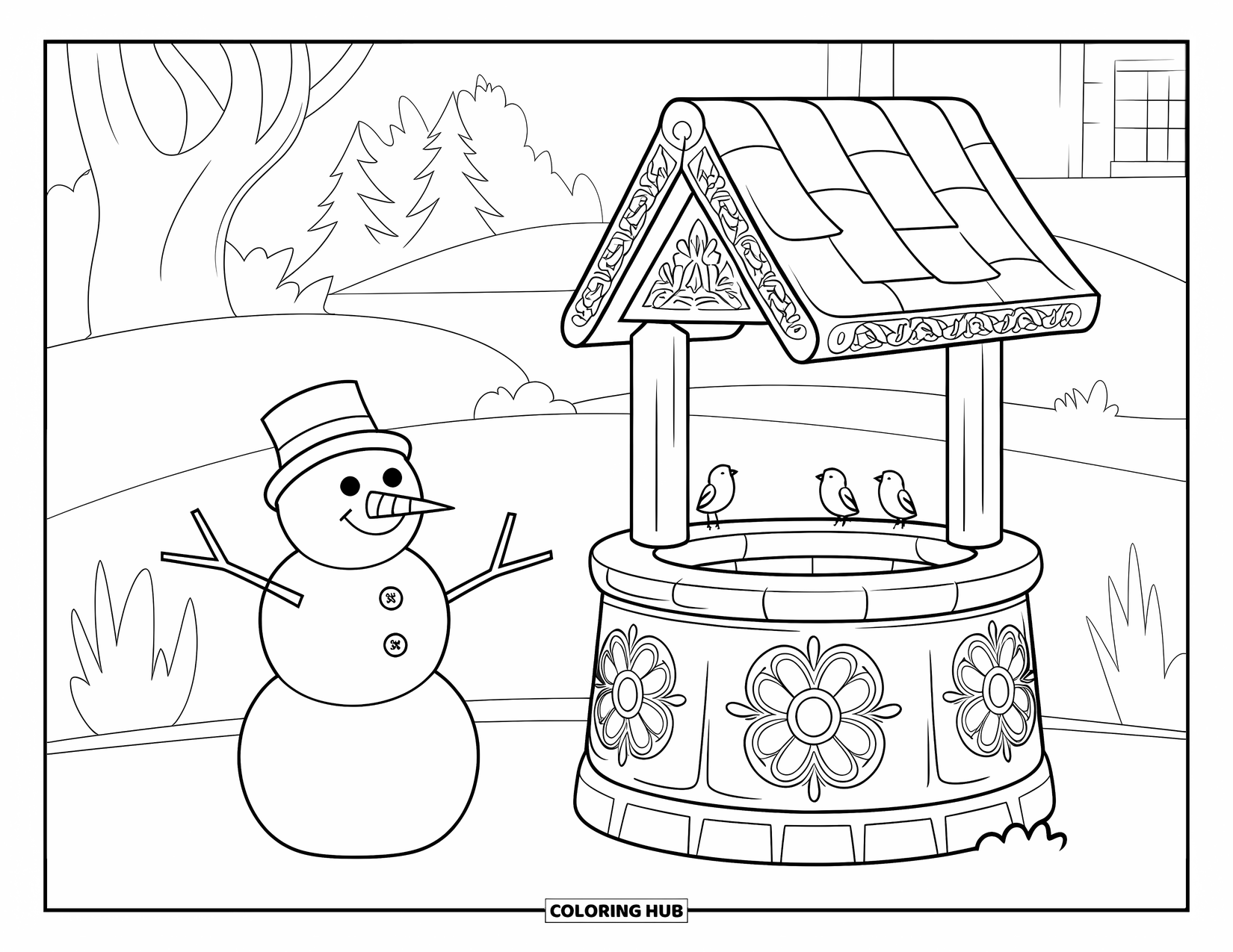 Kolorowanka z bałwanem dla dorosłych: Wesoły bałwan stoi obok studni życzeń z rzeźbionymi kwiatami, z ptakami odpoczywającymi na jej krawędzi.