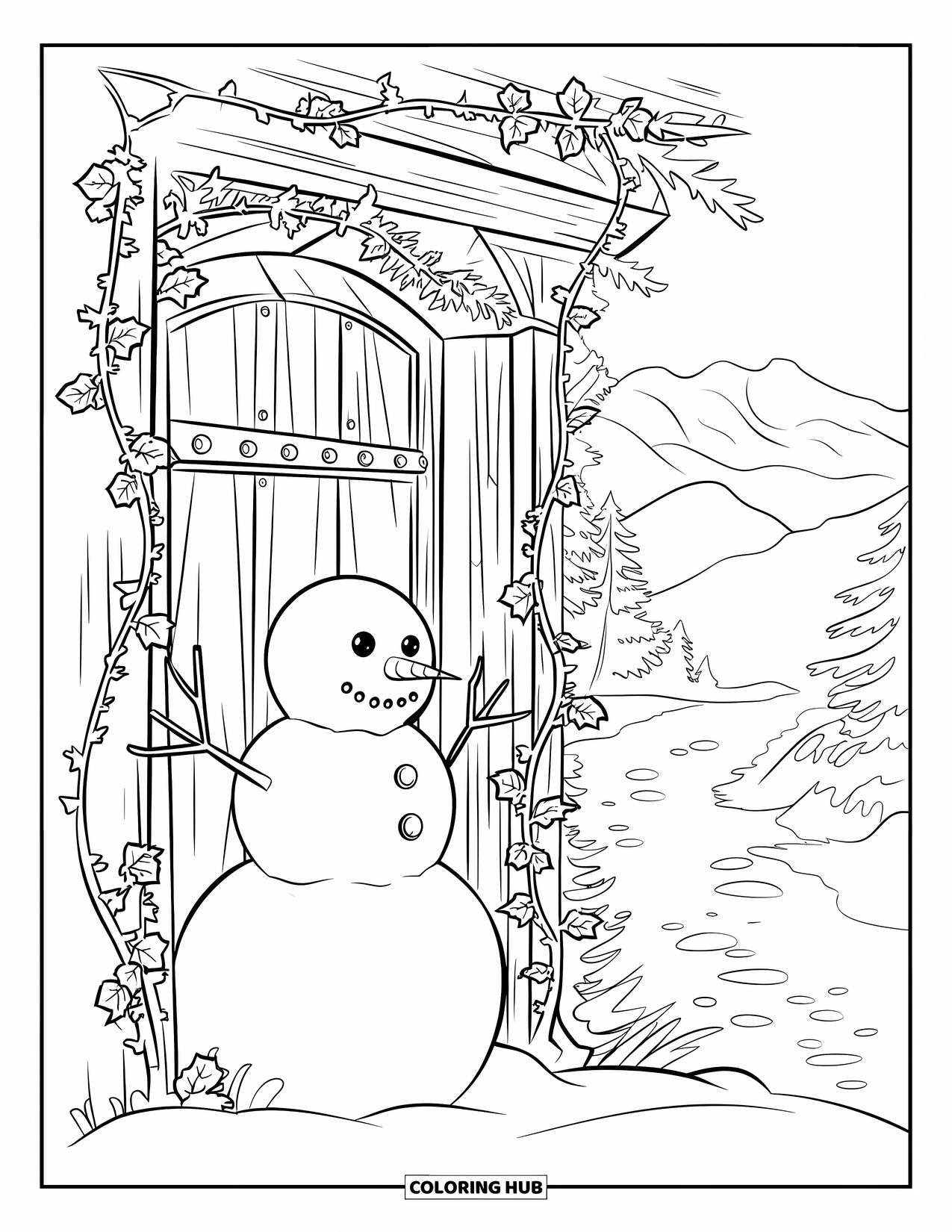 Kolorowanka z bałwanem dla dorosłych: Wesoły bałwan stoi obok zwietrzałych drewnianych drzwi, otoczonych pokrytym szronem bluszczem i gałęziami.