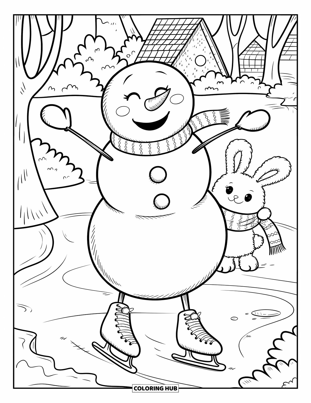 Kolorowanka z bałwanem dla dorosłych: Wesoły bałwan z trudem utrzymuje równowagę na łyżwach, podczas gdy królik trzyma w pobliżu mały szalik.