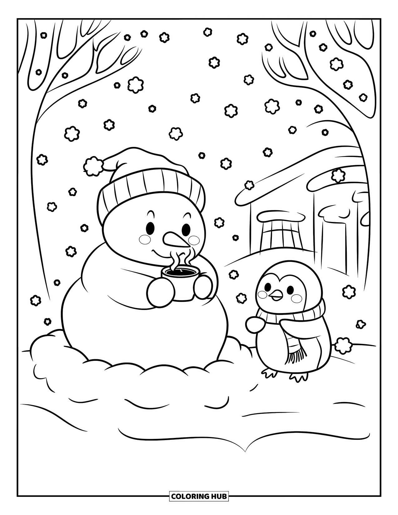 Kolorowanka z bałwanem dla dorosłych: Wesoły bałwan z kakao siedzi na śnieżnym kopcu, a ciekawy pingwin ciągnie go za szalik