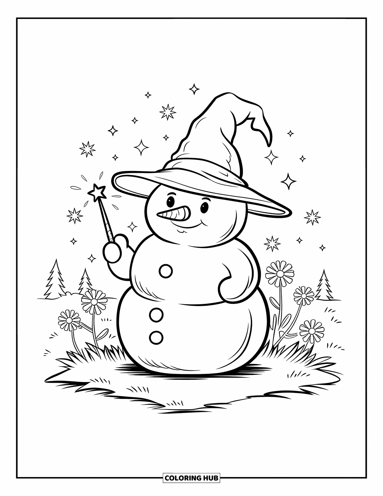 Kolorowanka z bałwanem dla dorosłych: Pulchny bałwan w czapce czarodzieja stoi na trawiastym skrawku, trzymając małą gwiazdkową różdżkę.