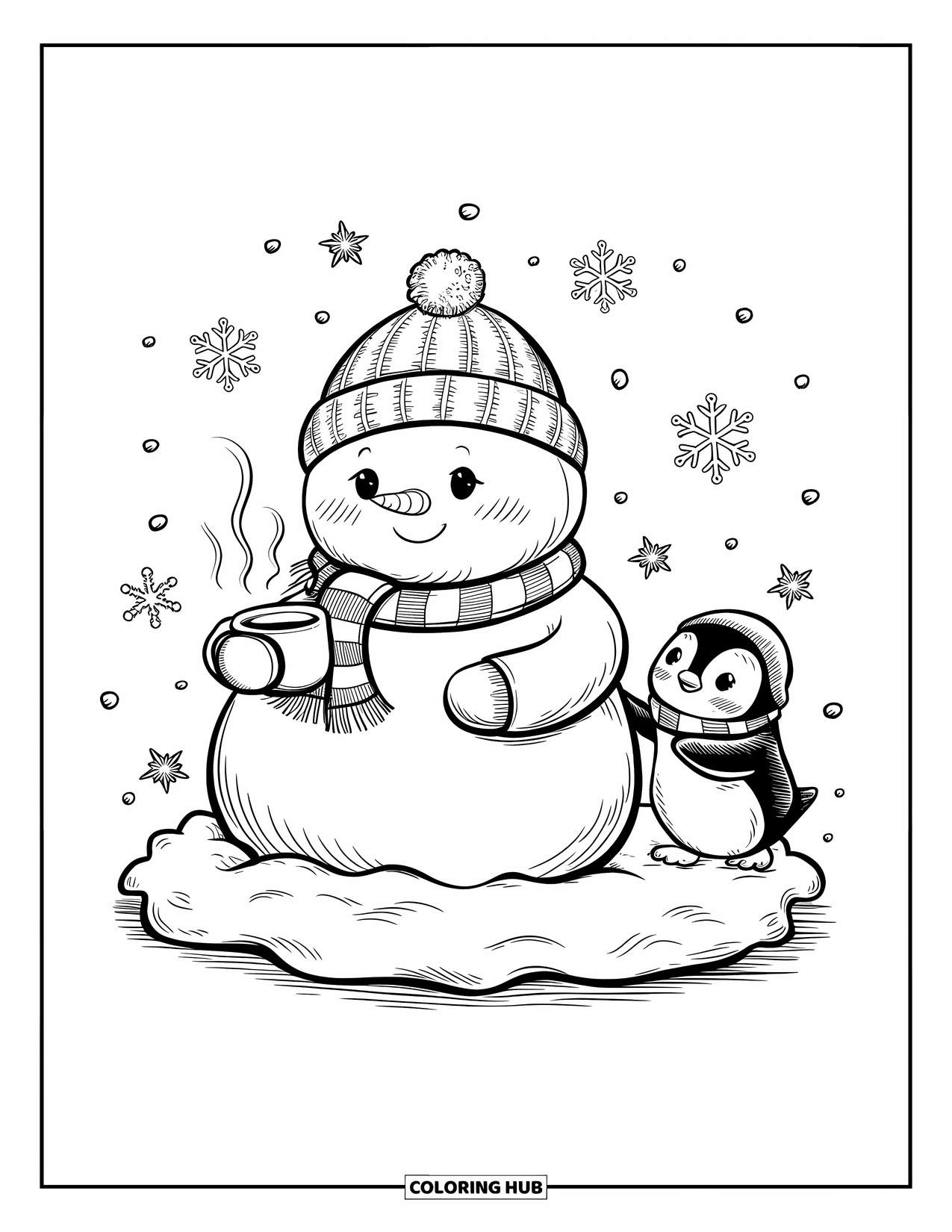 Kolorowanka z bałwanem dla dorosłych: Pulchny bałwan siedzi na puszystym śnieżnym kopcu, popijając kakao, podczas gdy pingwin ciągnie go za szalik