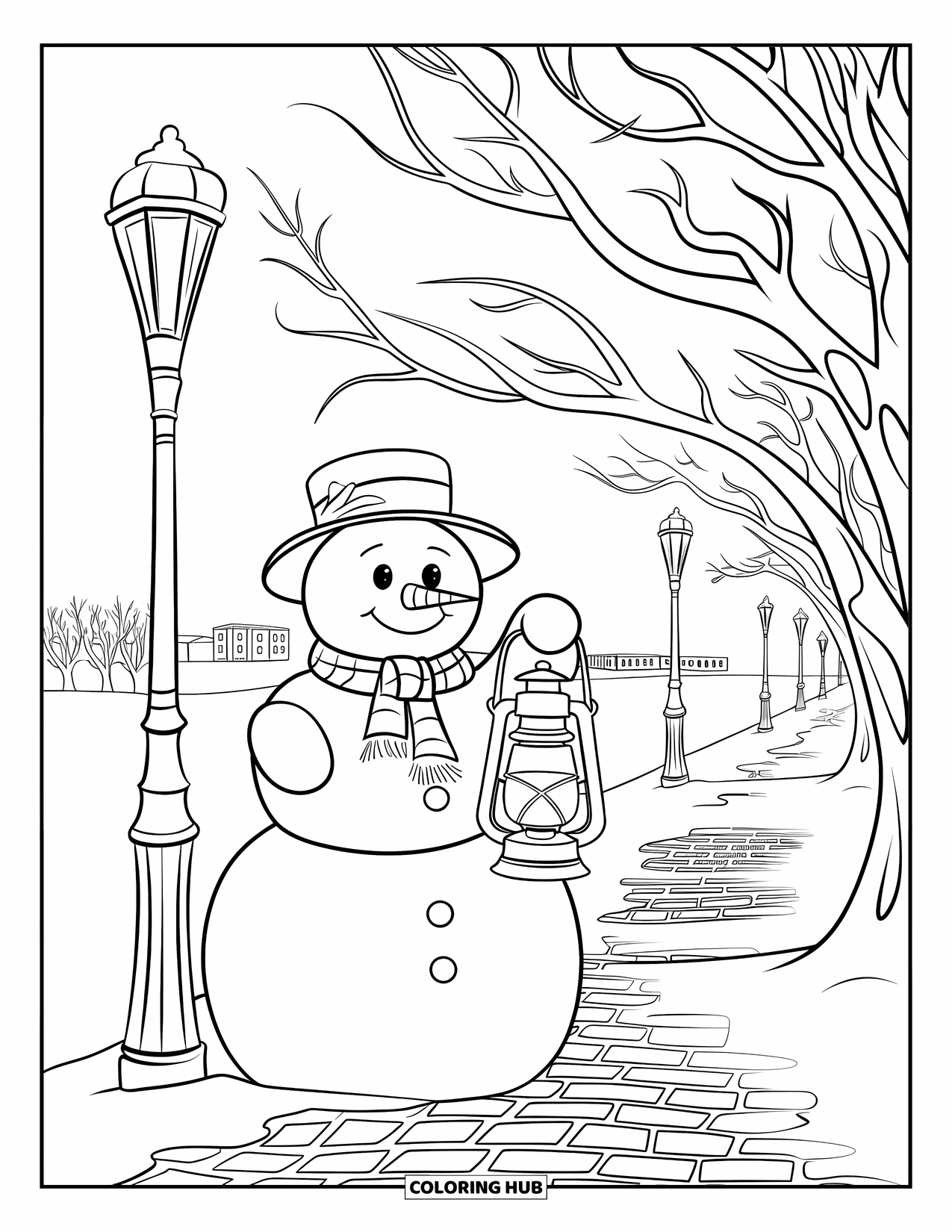 Kolorowanka z bałwanem dla dorosłych: Przytulny bałwan oświetla drogę latarnią, stojąc na brukowanej ścieżce wzdłuż której ustawione są latarnie uliczne.
