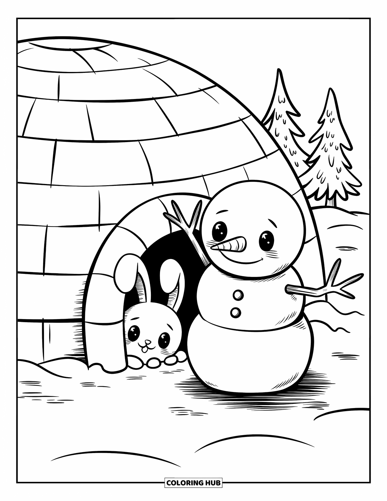 Kolorowanka z bałwanem dla dorosłych: Przytulny bałwan wita króliczka zaglądającego do maleńkiego igloo, umieszczonego w spokojnym, zaśnieżonym krajobrazie