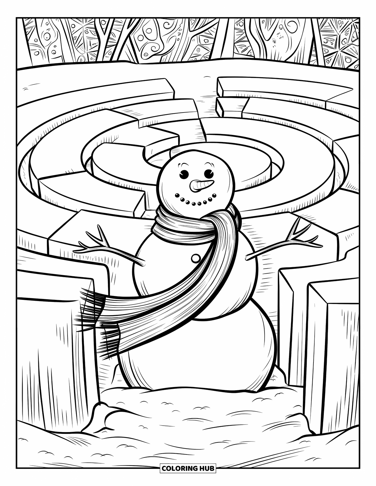 Kolorowanka z bałwanem dla dorosłych: Przytulny bałwan z powiewającym szalikiem stoi u wejścia do labiryntu, otoczony skomplikowanymi wzorami.