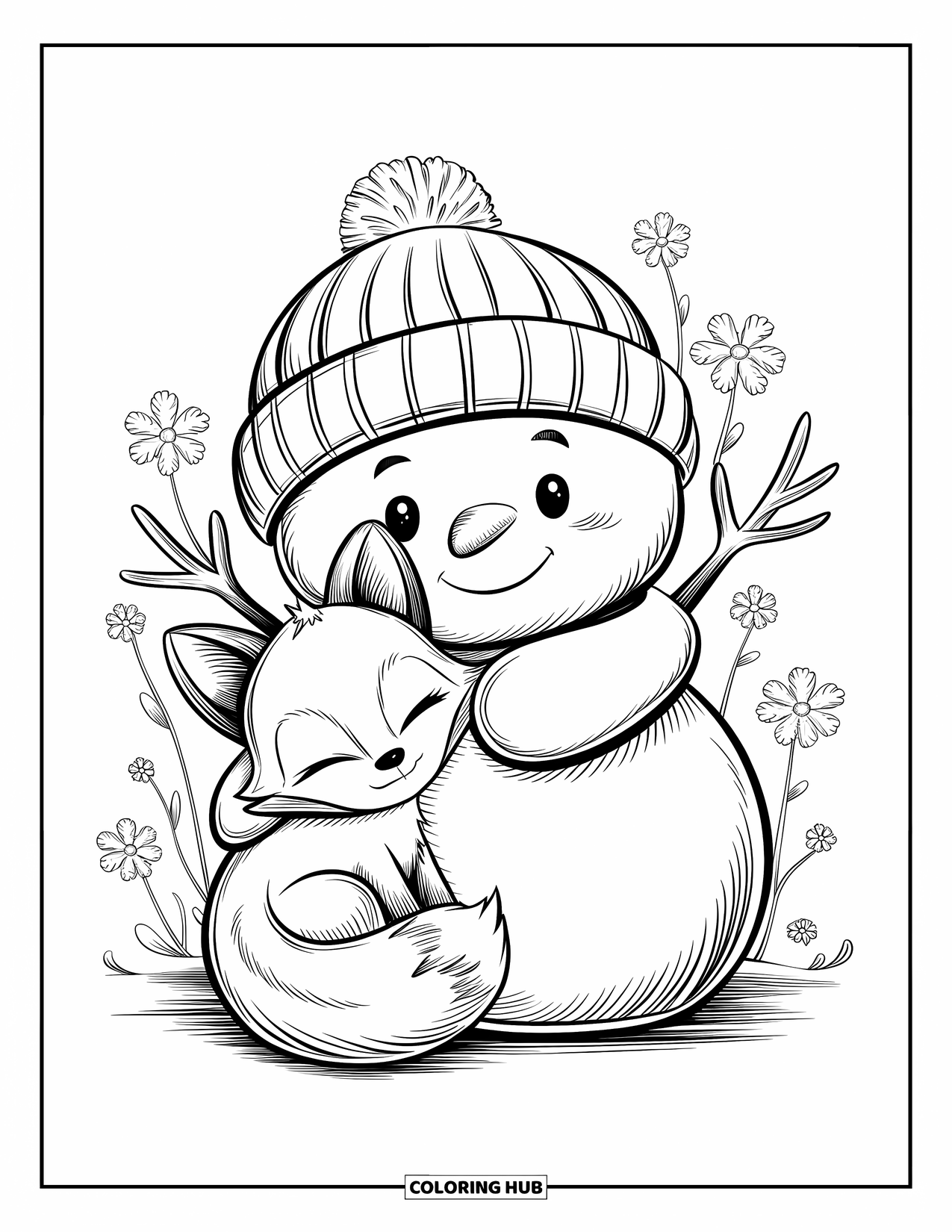 Kolorowanka z bałwanem dla dorosłych: Uroczy bałwan w czapce beanie przytula małego lisa, odpoczywając razem wśród delikatnych, oszronionych kwiatów