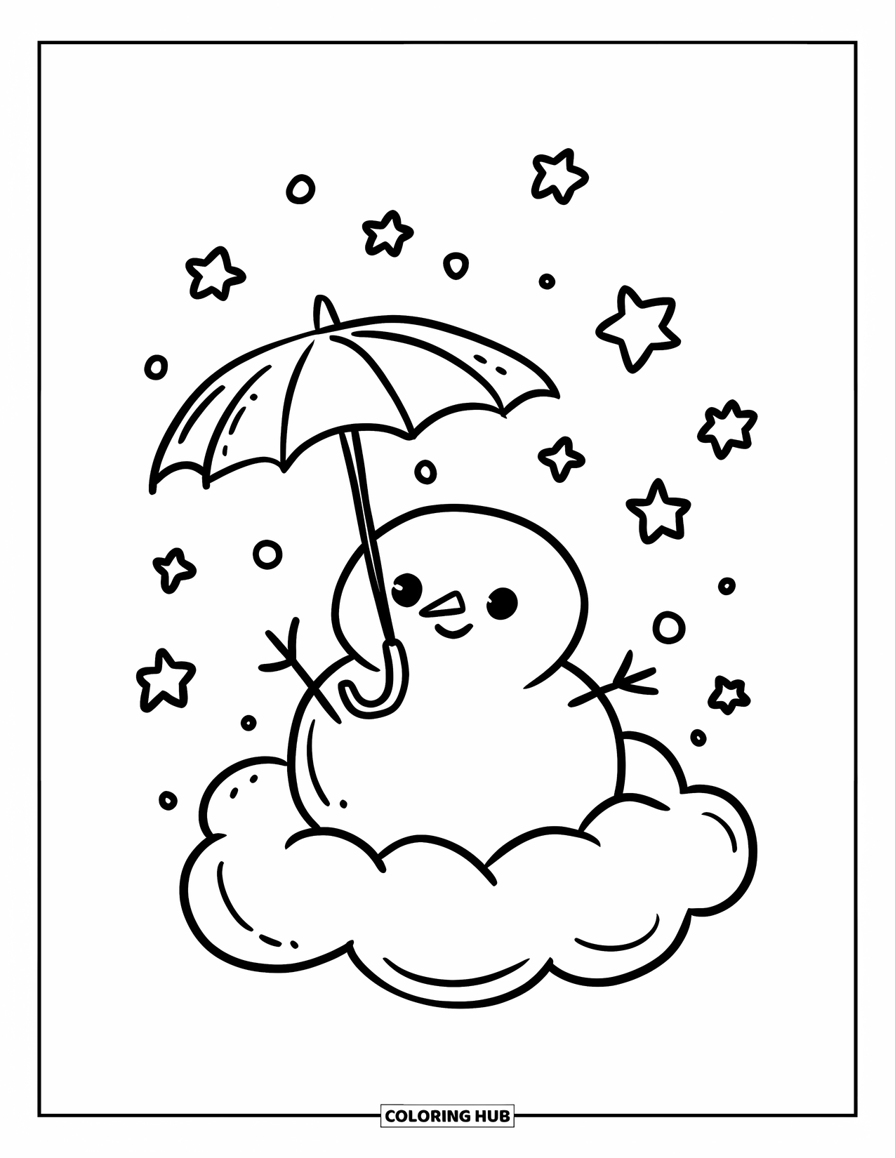 Kolorowanka z bałwanem dla dorosłych: Uroczy bałwan siedzi na chmurze, łapiąc płatki śniegu parasolem, otoczony migoczącymi gwiazdami.